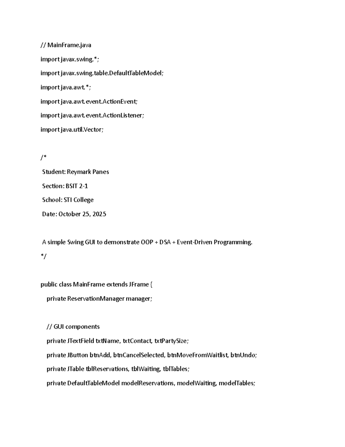 MainFrame.java - OOP DSA Programming Assignment (BSIT) - Studocu
