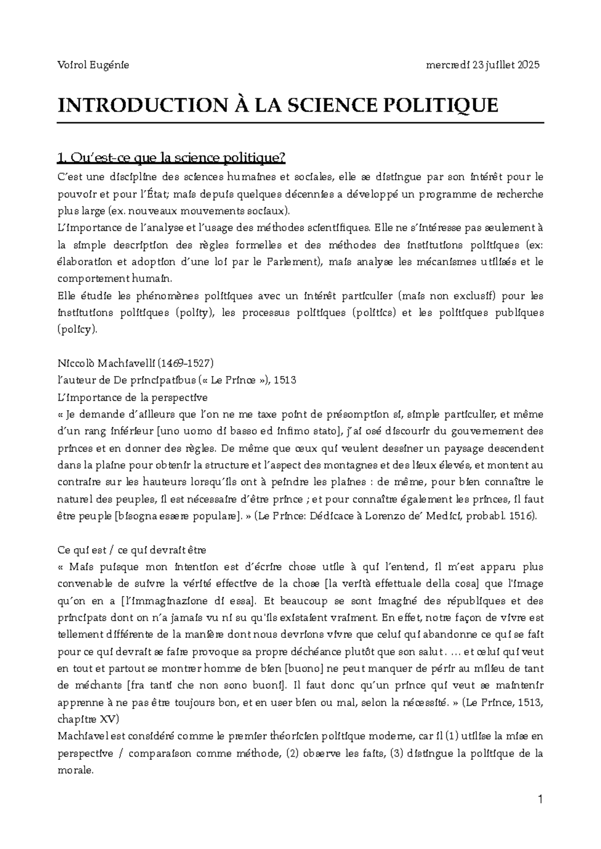 Introduction à la science politique - Cours de Voirol Eugénie (2025 ...
