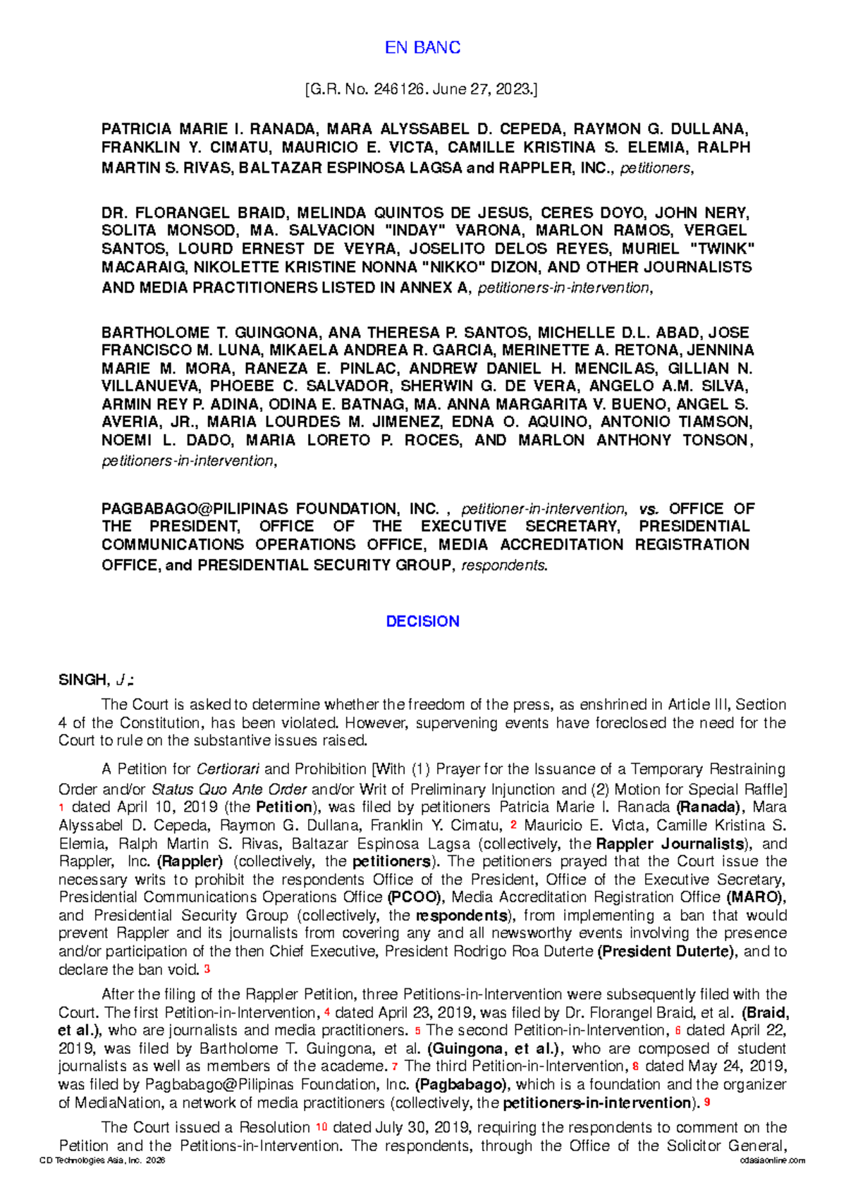 EN BANC No. 246126: Ranada et al. vs. Office of the President Decision ...