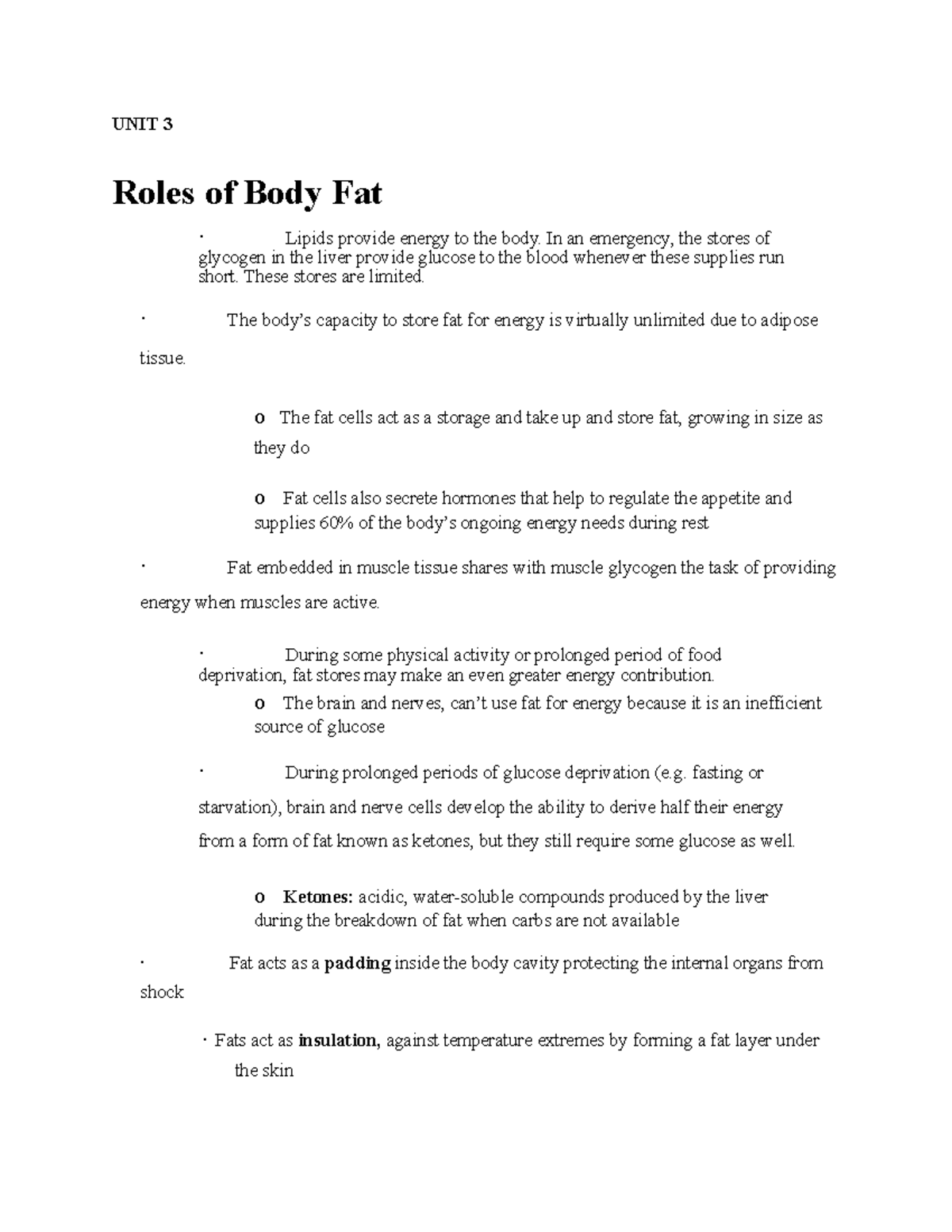 UNIT 3 - Body Fat Roles and Chemist's Perspective Notes - Studocu
