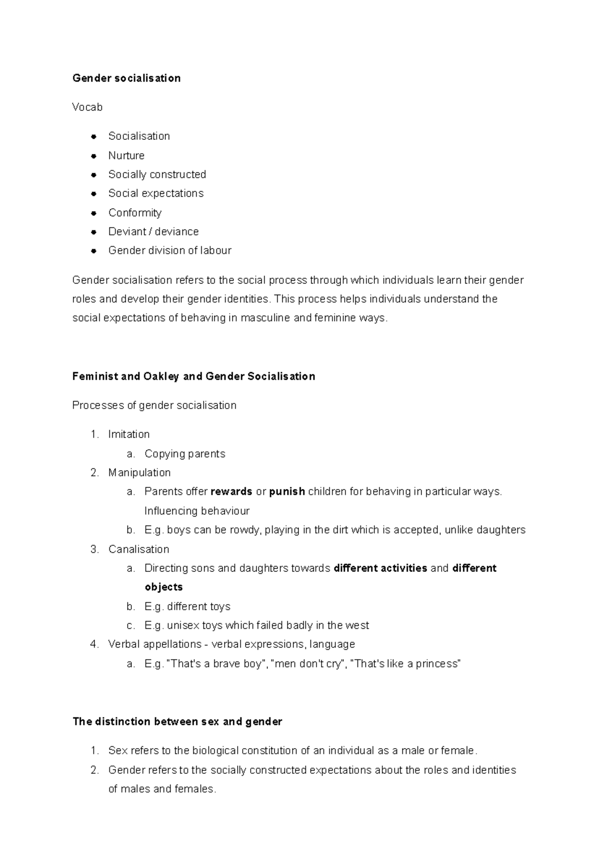Sociology Notes - Gender socialisation Vocab Socialisation Nurture ...
