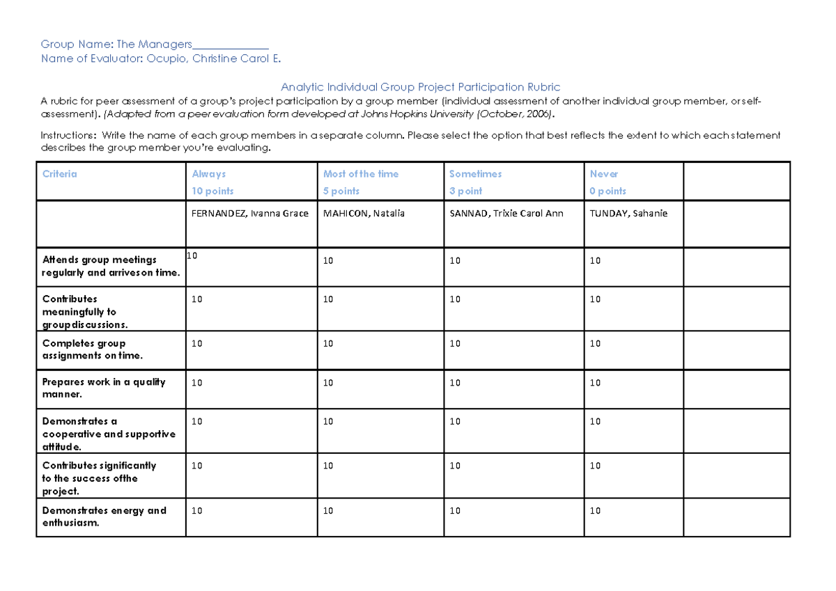 Analytic Individual Group Project Participation Rubric (Group Eval ...
