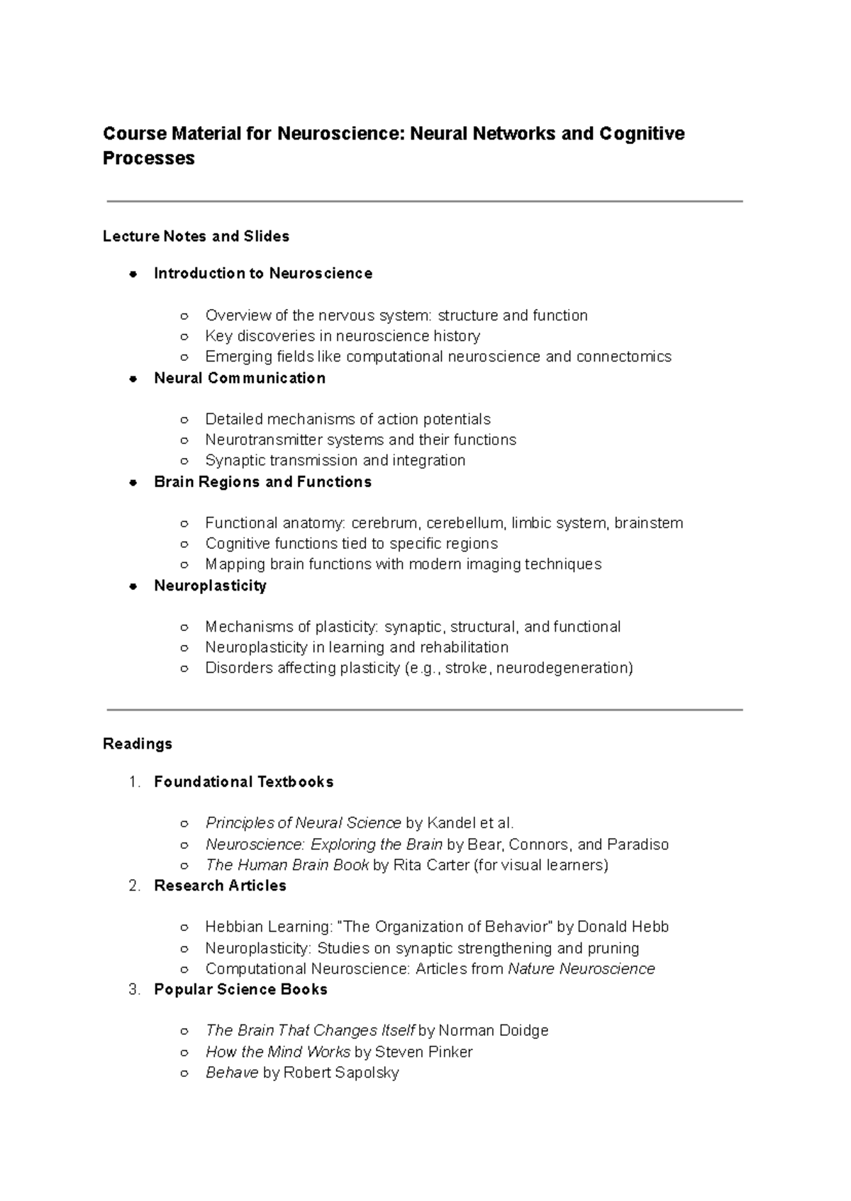 Course Material for Neuroscience Neural Networks and Cognitive ...
