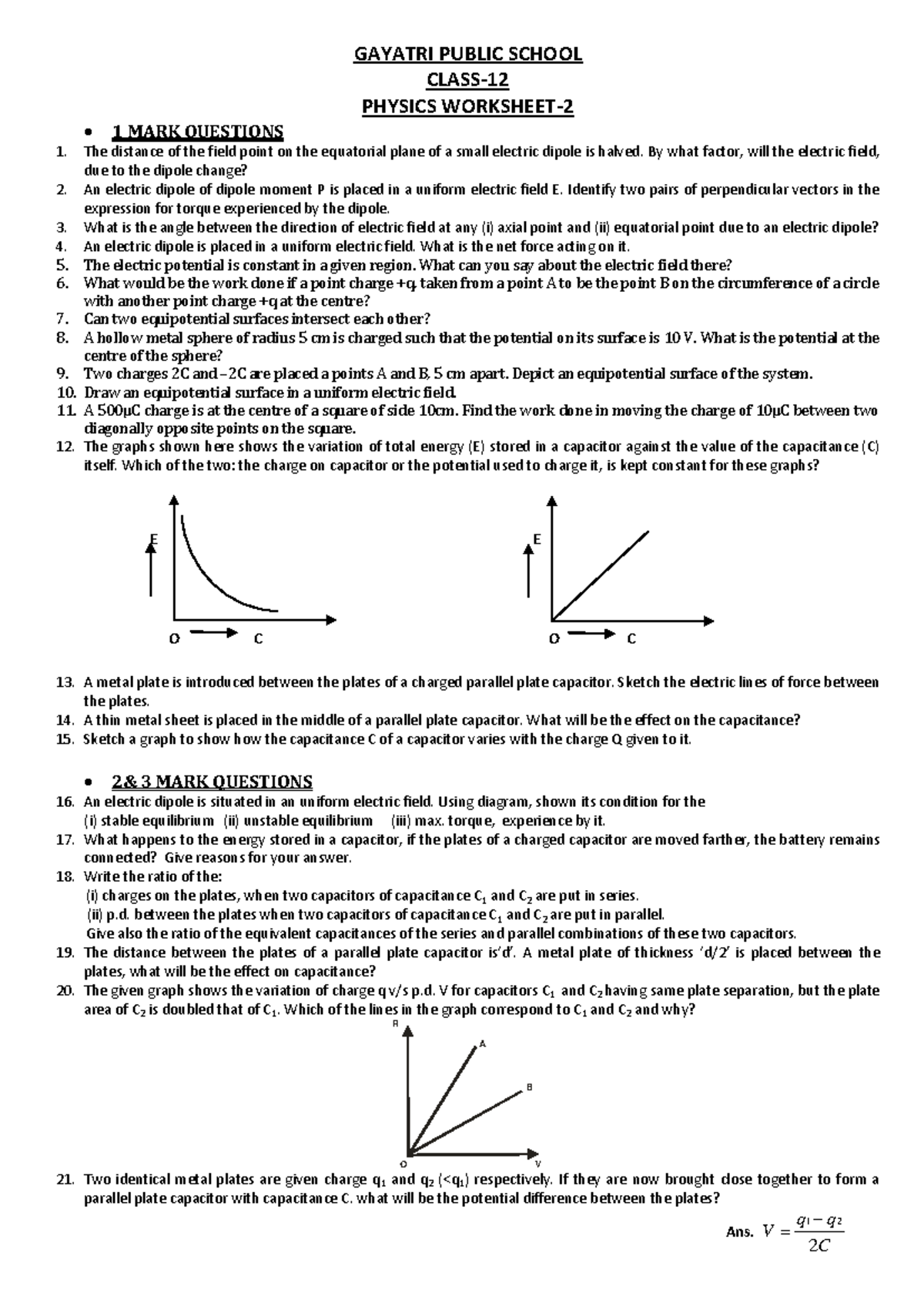 Worksheet on Electrostatics - 2 (XII GPS 23-24) 1 Mark & 3 Mark Qs ...
