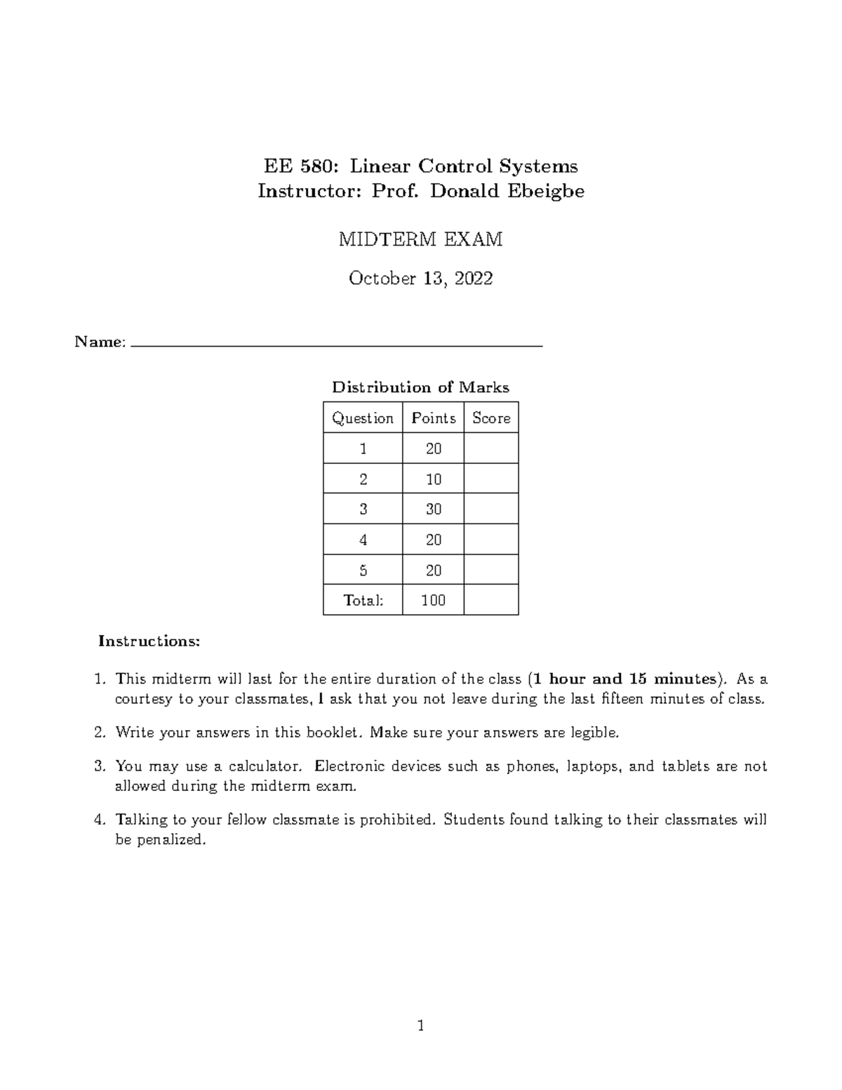 EE 580: Midterm Exam Solutions for Linear Control Systems - Studocu