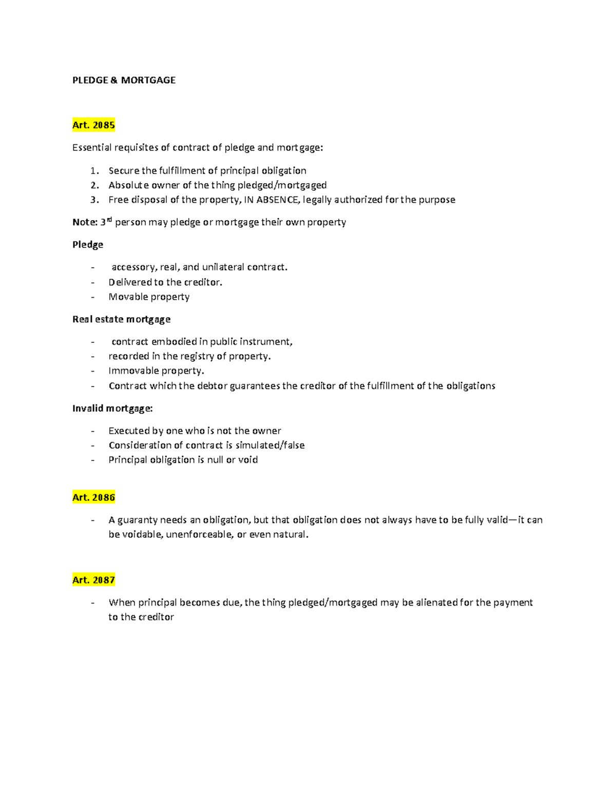 PLEDGE & MORTGAGE: Essential Requisites and Legal Framework - Studocu