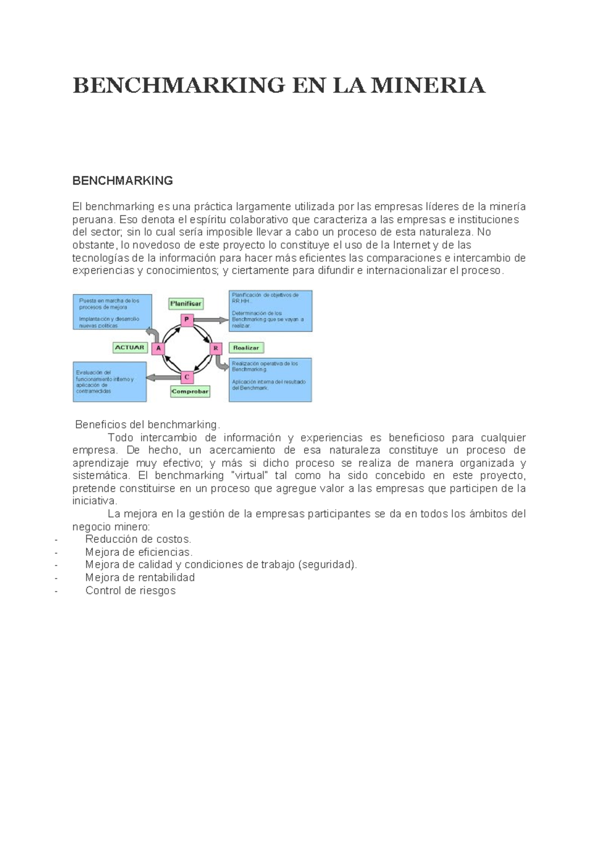 Benchmarking en la Minería: Mejores Prácticas y Beneficios Clave - Studocu