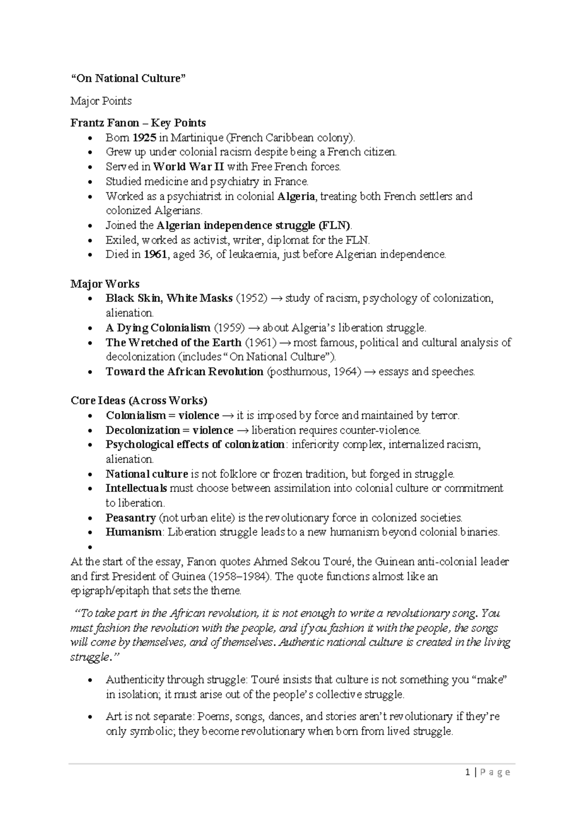 On National Culture: Key Points from Frantz Fanon (Course Code: N/A ...