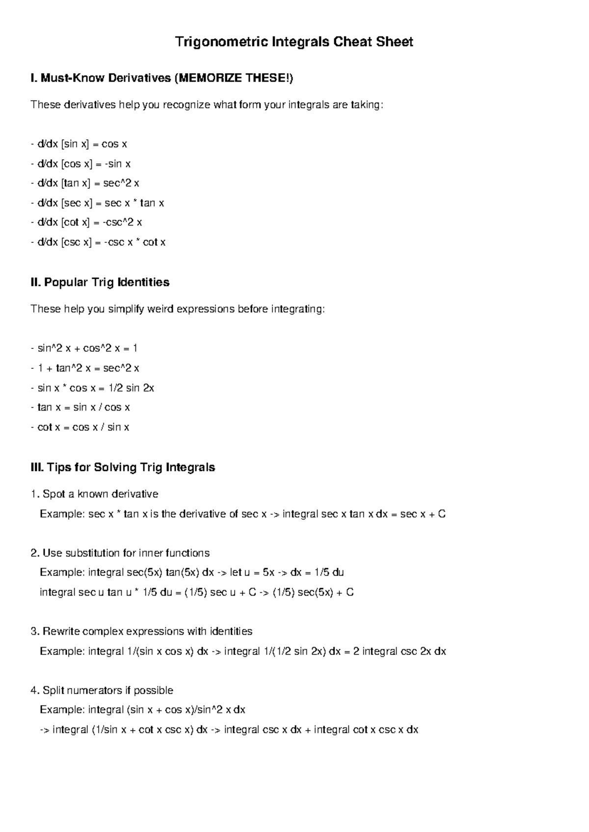 Trigonometric Integrals Cheat Sheet: Key Derivatives & Tips - Studocu