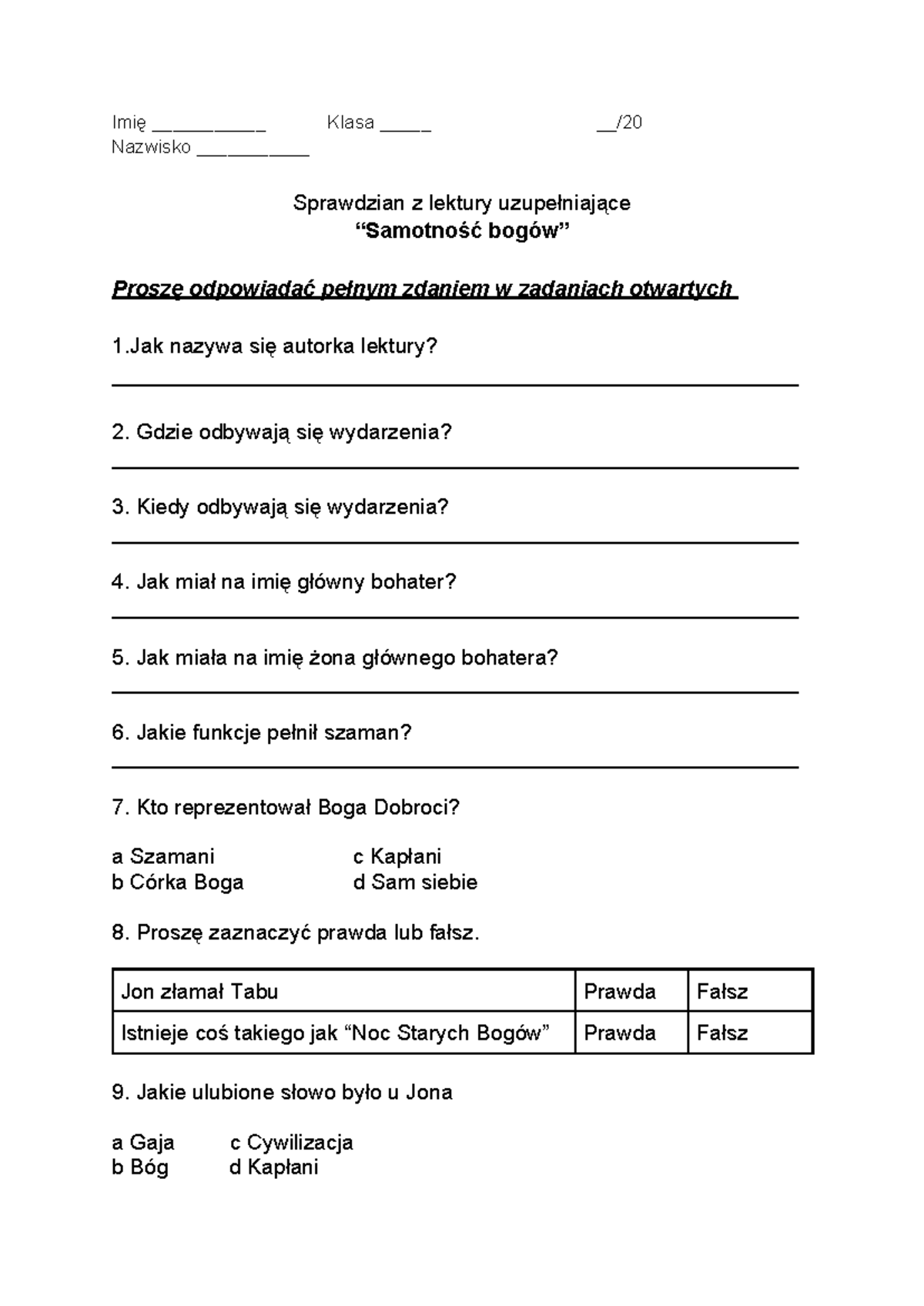 Pytania Na Sprawdzian Z Lektury Siłaczka