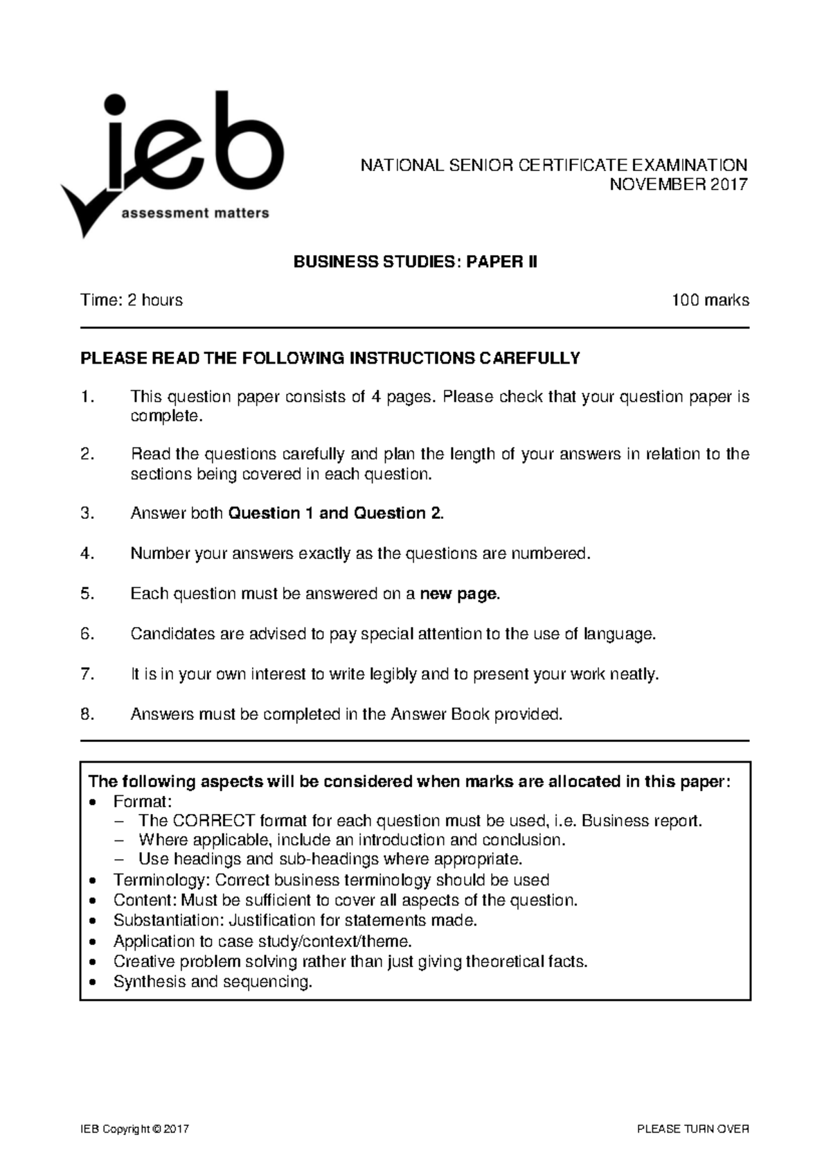 Business Studies NSC Exam Nov 2017: Paper II Analysis & Strategy - Studocu
