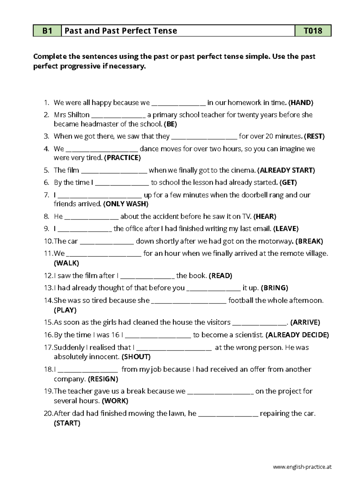 B1 T018 Past and Past Perfect Tense - Practice Exercises with Answers ...