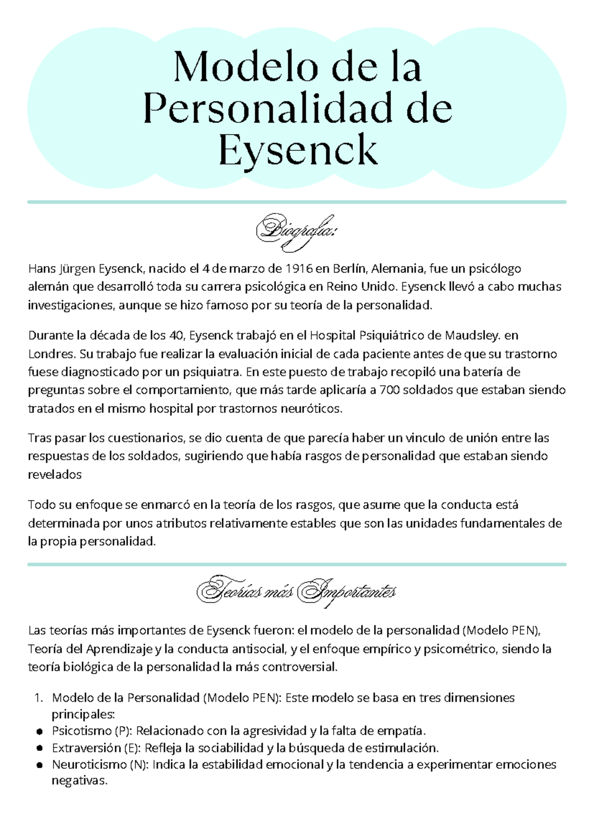 Modelo PEN de la Personalidad de Eysenck: Biografía y Teorías - Studocu