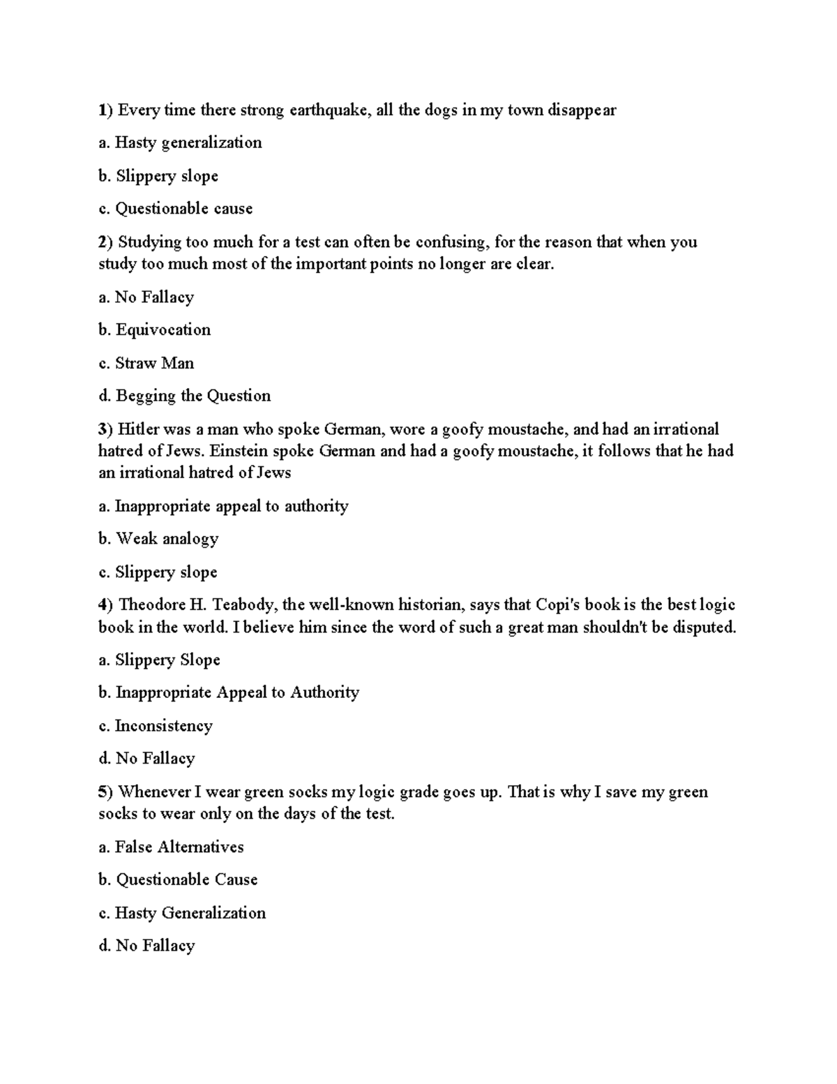 Final Exam Sem 1 (2013) - Logical Fallacies Practice Questions - Studocu