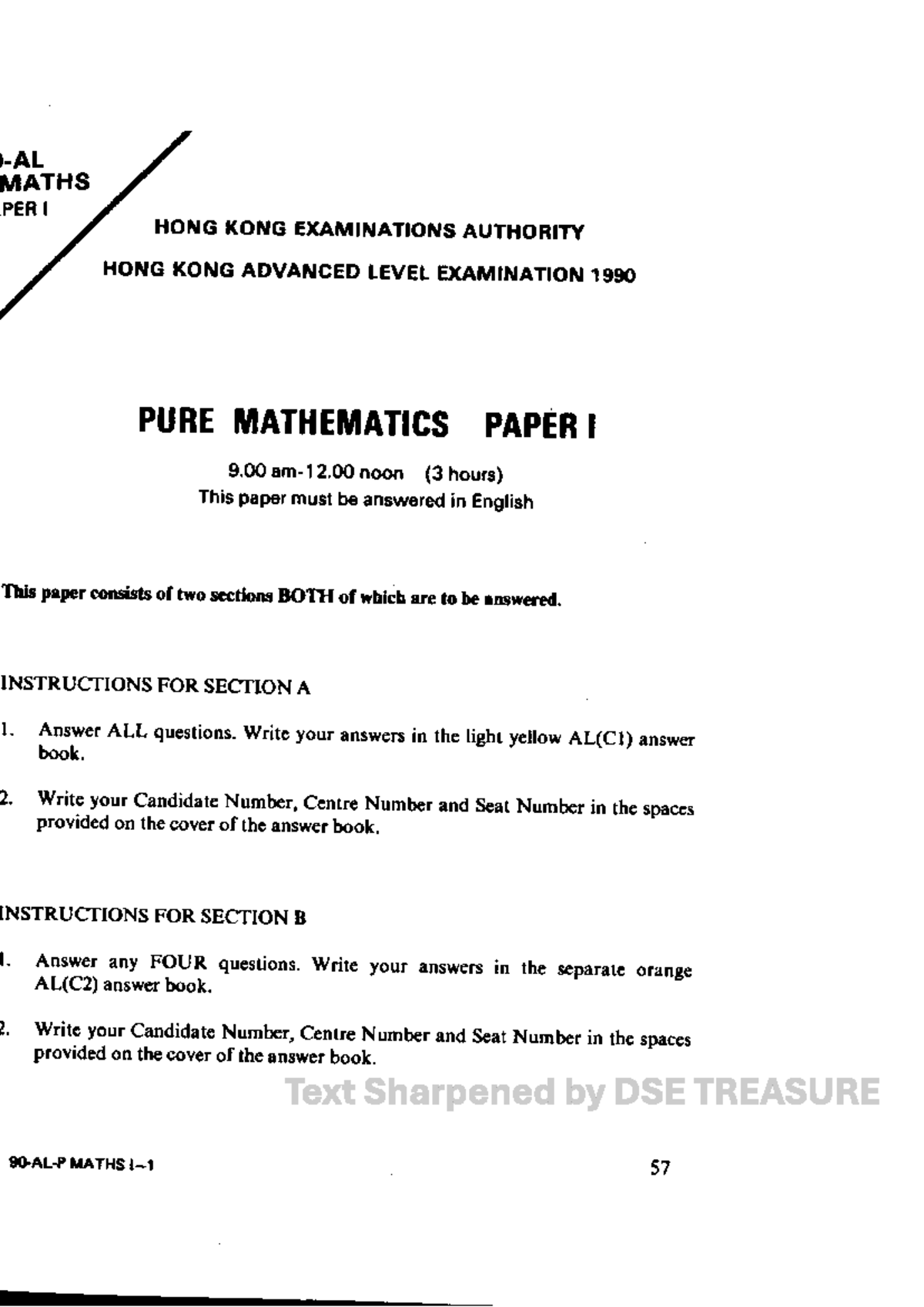 MATHS AL 1990 Pure Mathematics Paper I - Hong Kong Advanced Level Exam ...