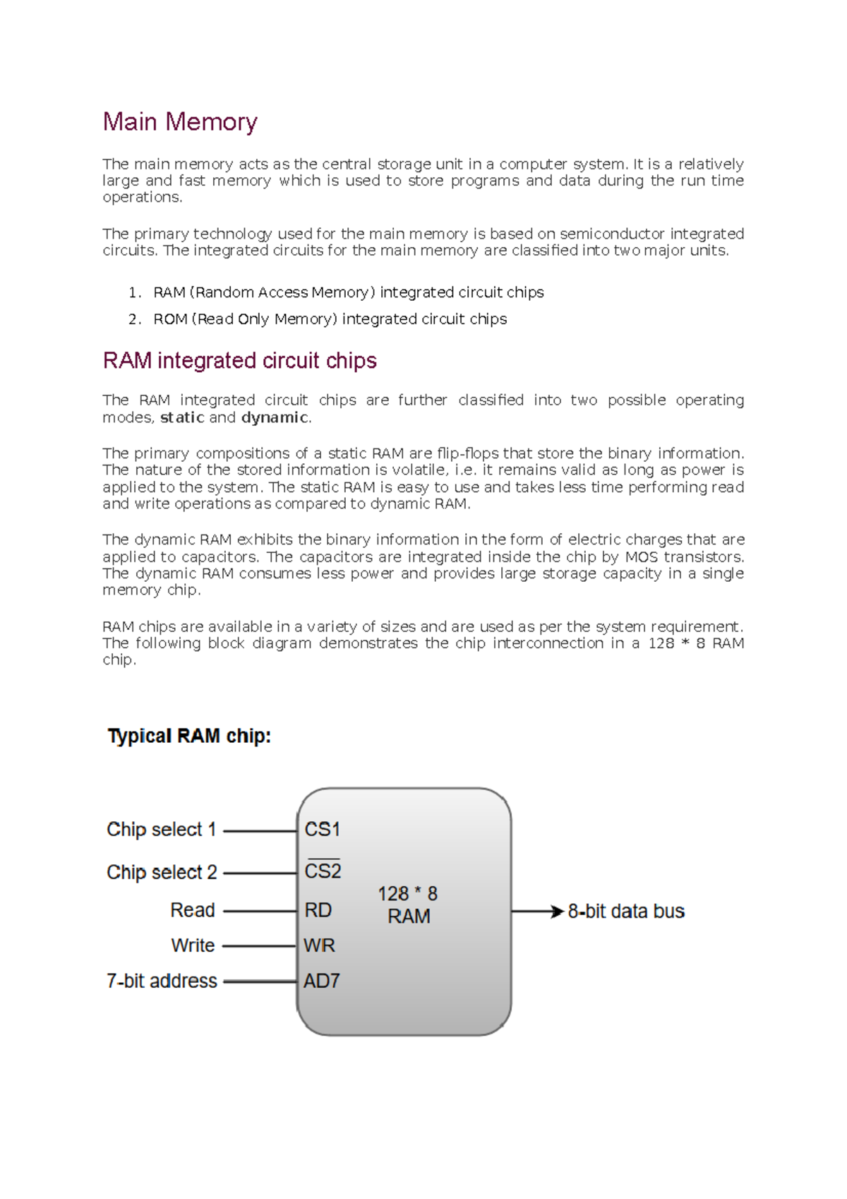 Main Memory - notes - Main Memory The main memory acts as the central ...