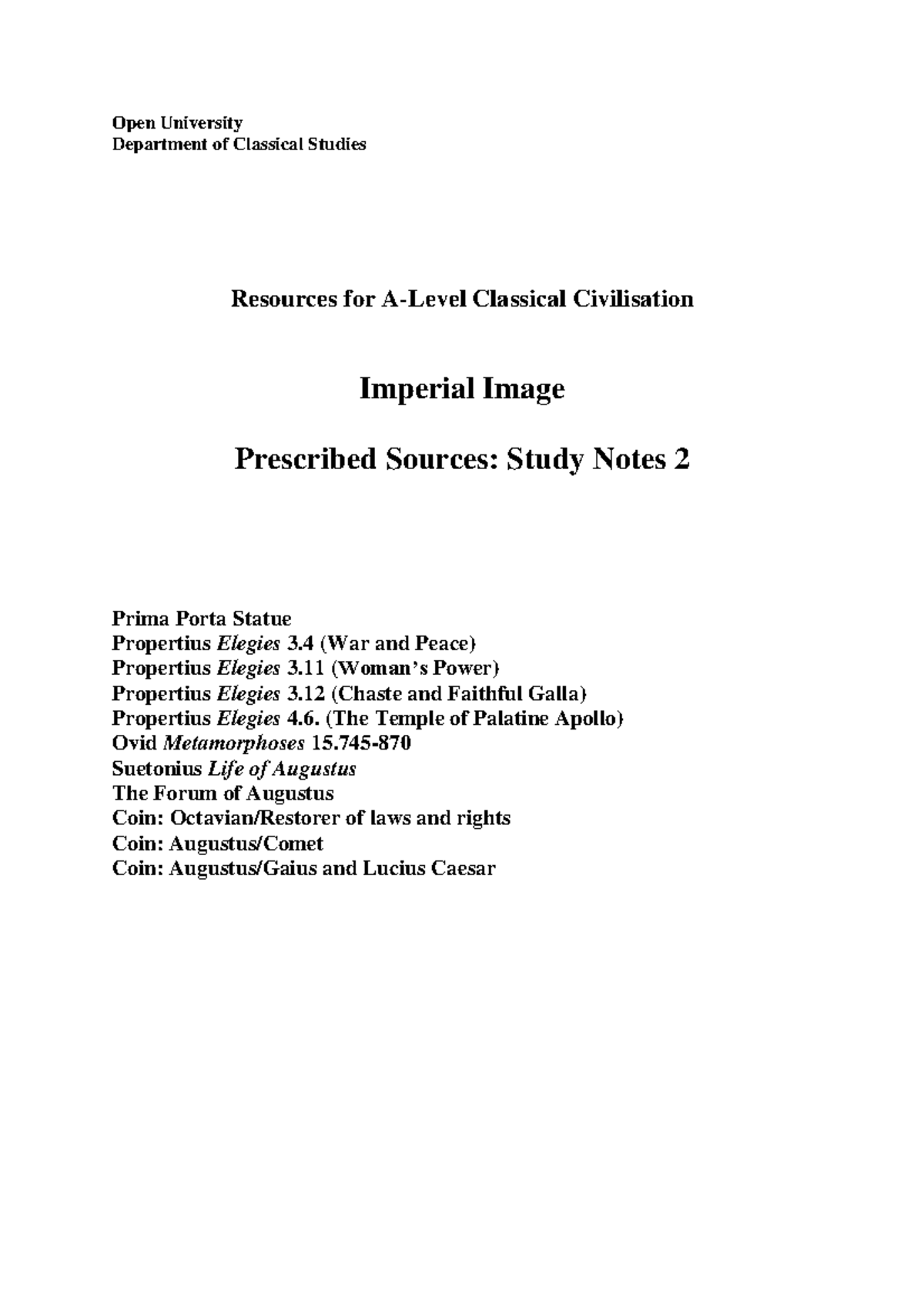 A Level Classical Civilisation: Imperial Image - Prescribed Sources ...