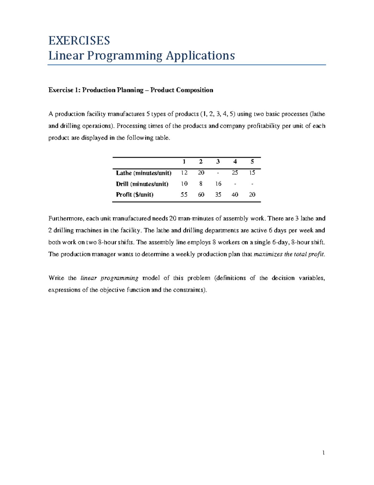 Linear Programming Applications Exercises (Course Code: LP101) - Studocu