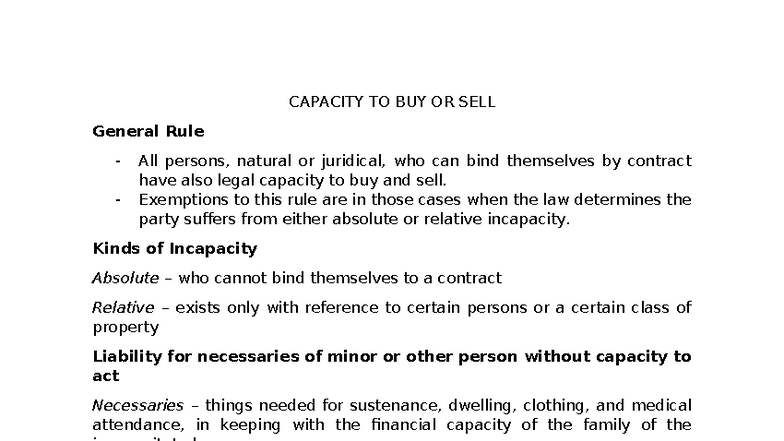 Ch 2: Legal Capacity to Buy or Sell - General Rules & Exemptions - Studocu