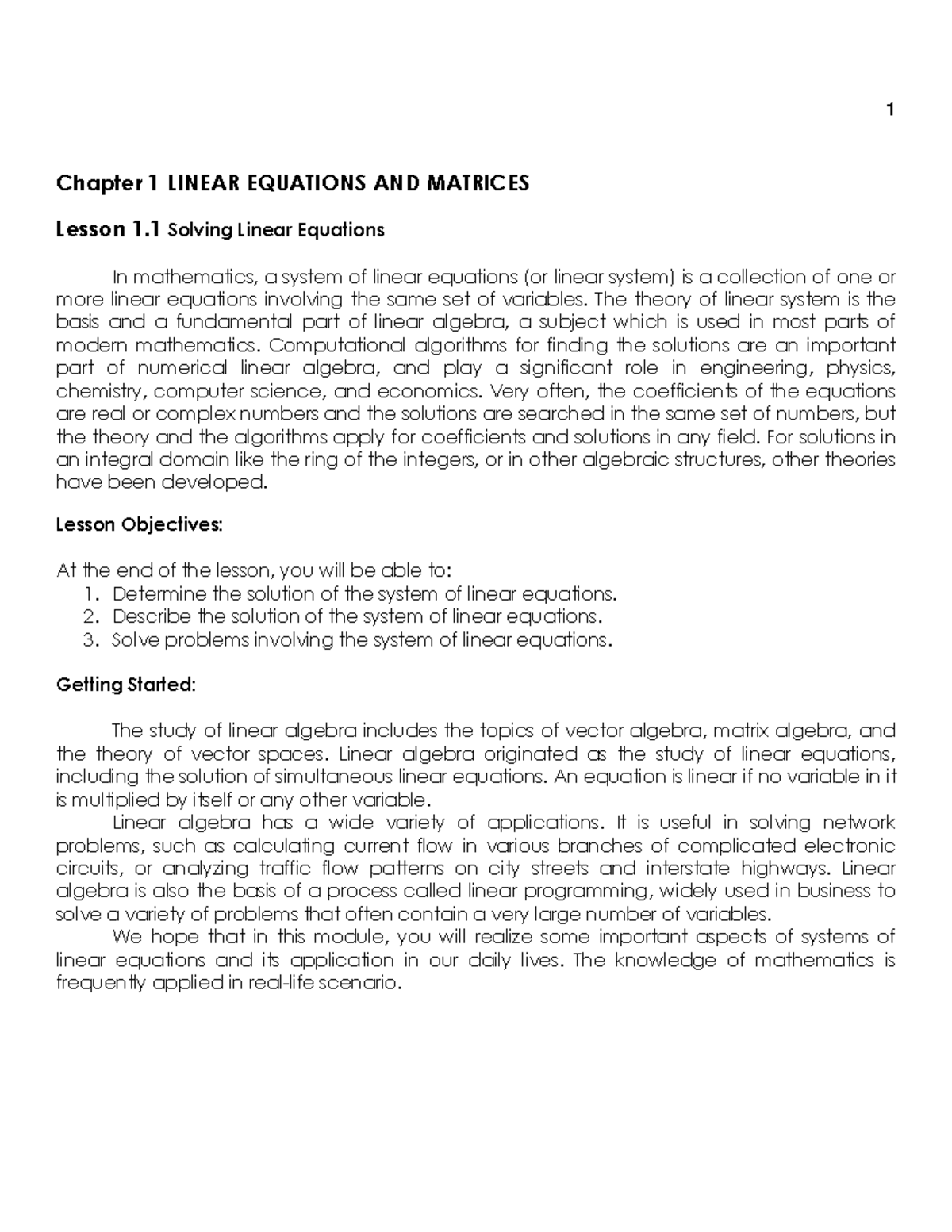 Linear Algebra Lecture Notes: Lesson 1.1 - Linear Equations & Matrices ...