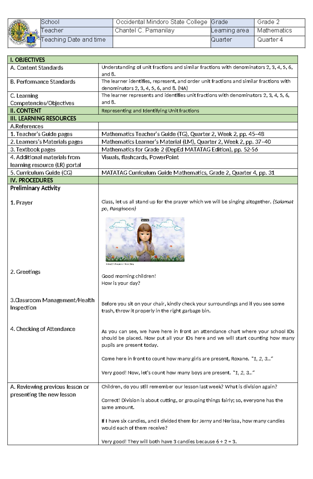 MATH-DLP Antel 110055 - Grade 2 Math Lesson on Unit Fractions - Studocu