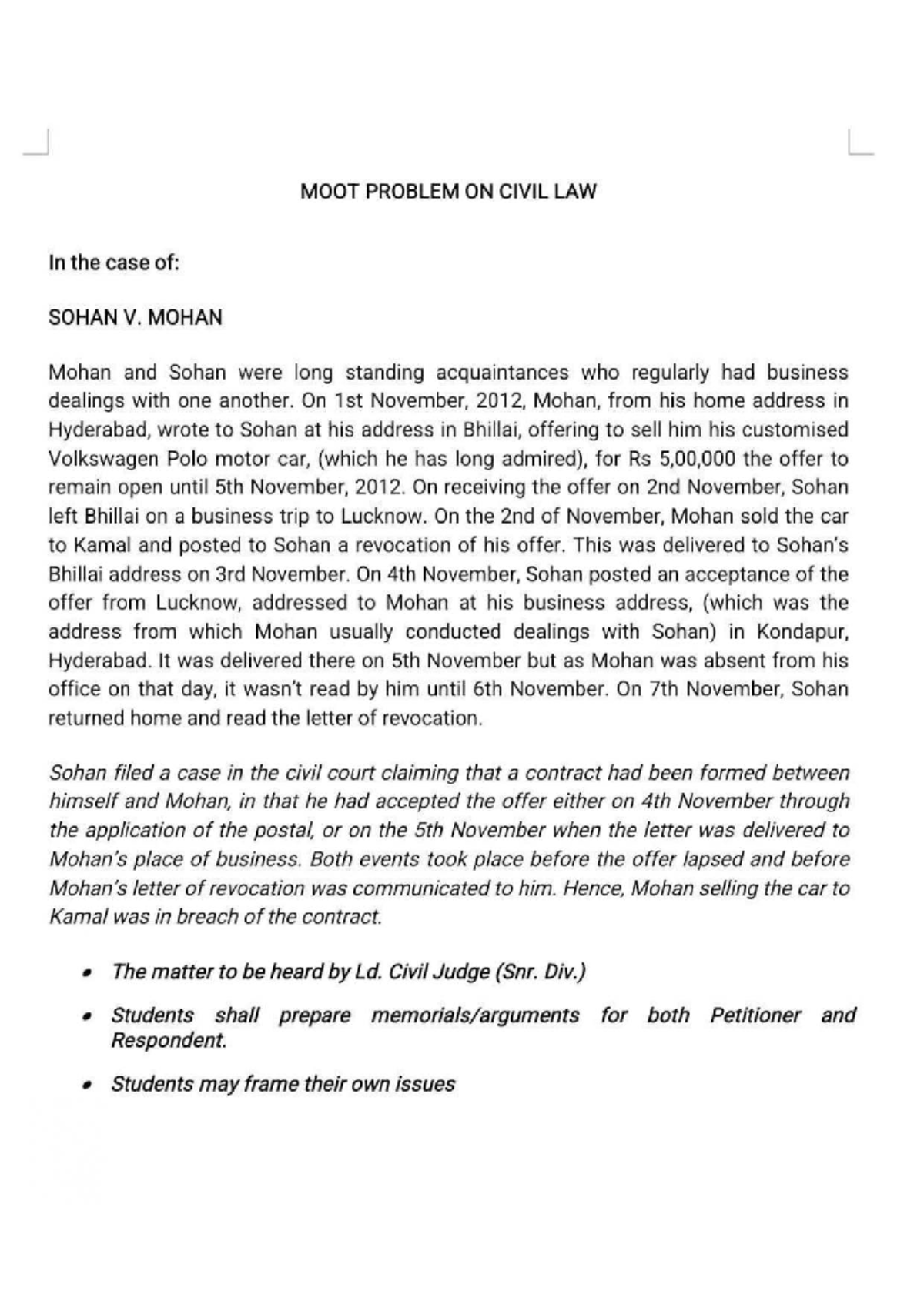 MOOT PROBLEM ON CIVIL LAW: SOHAN V. MOHAN Case Study - Studocu
