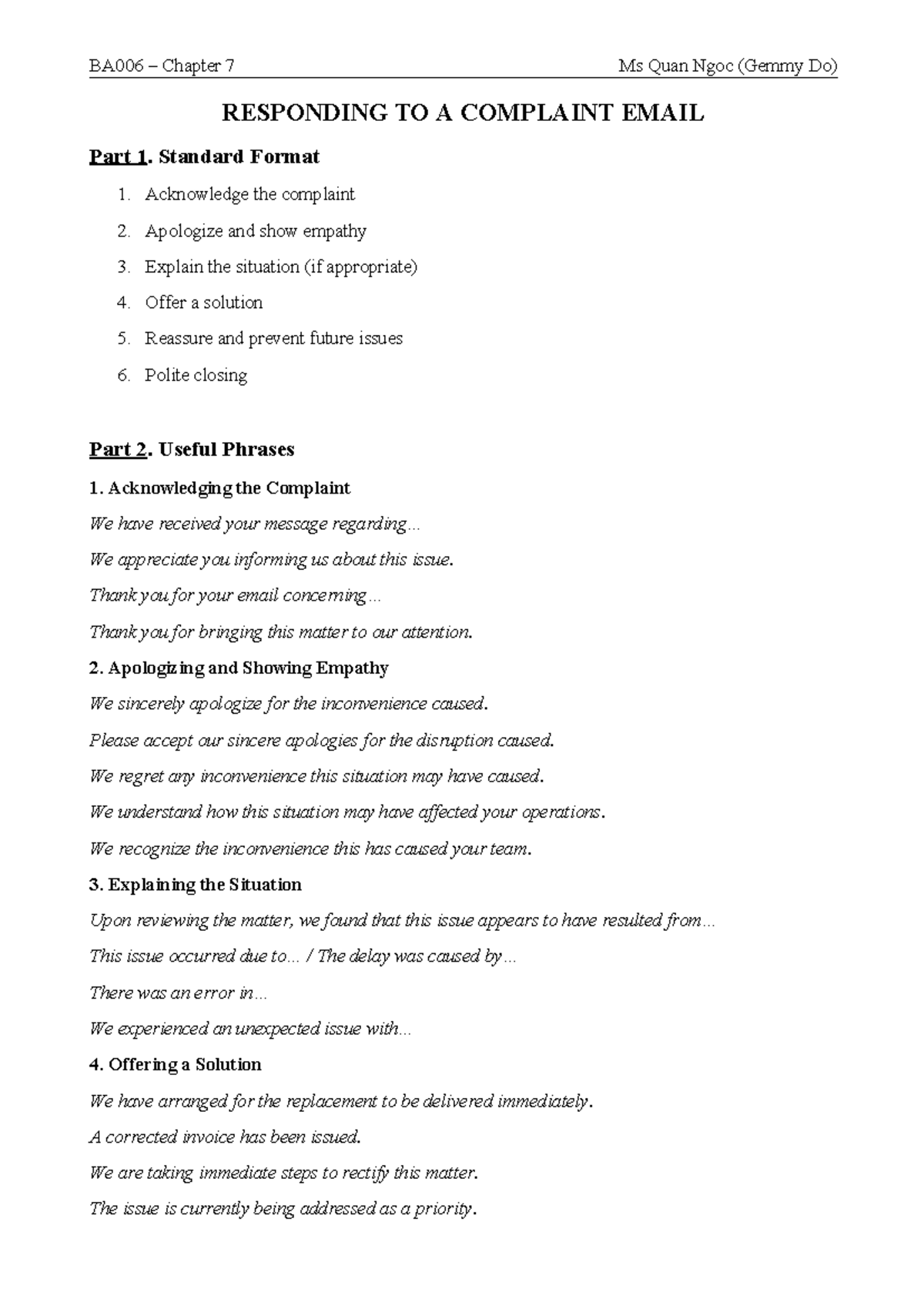 BA006 Chapter 7 Responding to a Complaint Email: Guidelines & Sample ...