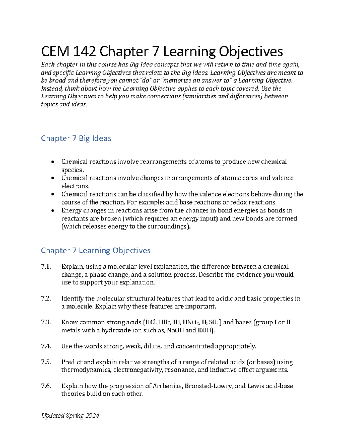 CEM 142 Chapter 7 Learning Objectives and Chemical Reaction Concepts ...