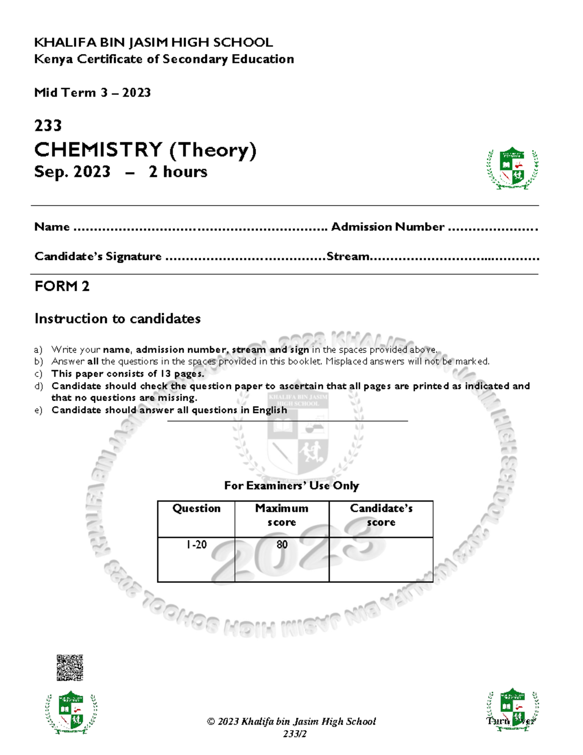 KHALIFA BIN JASIM HIGH SCHOOL 233 CHEMISTRY Mid Term 3 2023 Form 2 ...