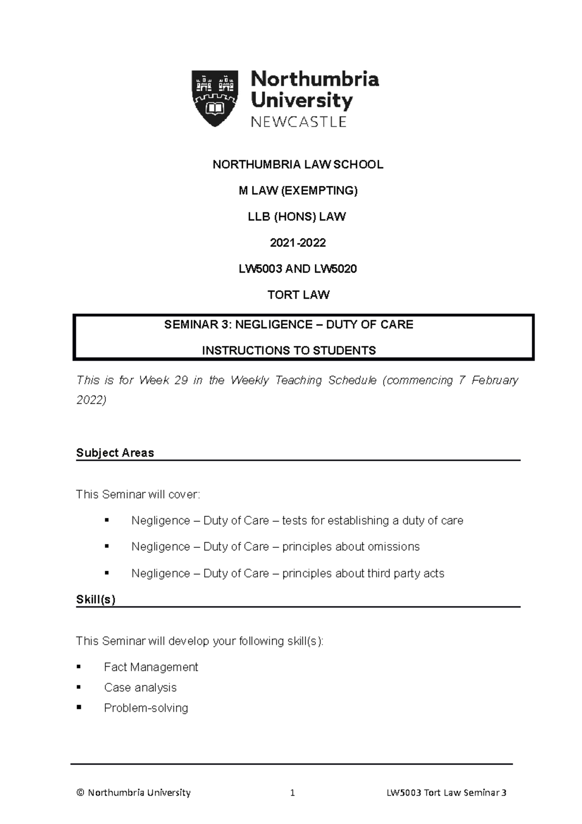 LW5003 Tort Law Seminar 3: Understanding Negligence & Duty of Care ...
