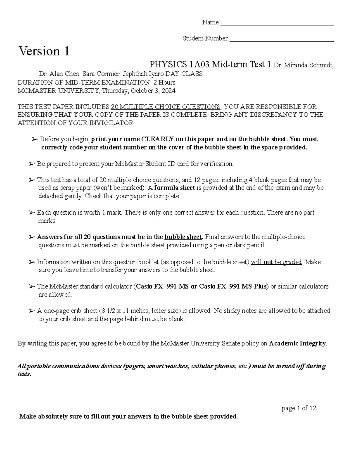 Physics 1A03 Midterm 1 Answers - Name ...