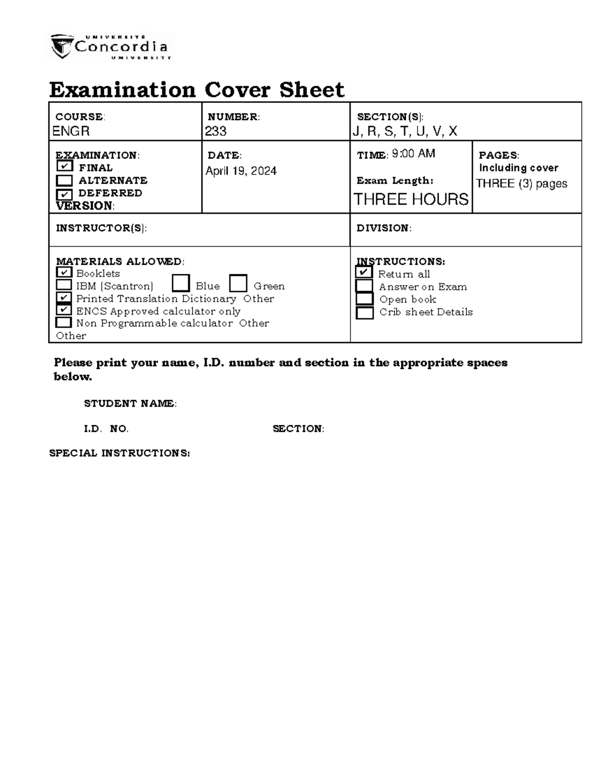 ENGR 233: Final Exam Cover Sheet - Applied Advanced Calculus 2024 - Studocu