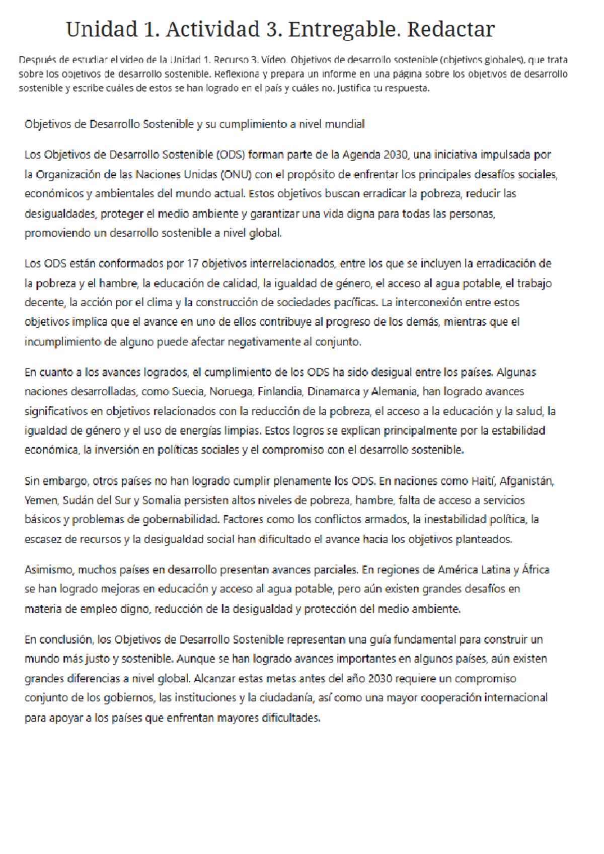 Unidad 1. Actividad 3: Informe sobre los ODS y su Cumplimiento - Studocu