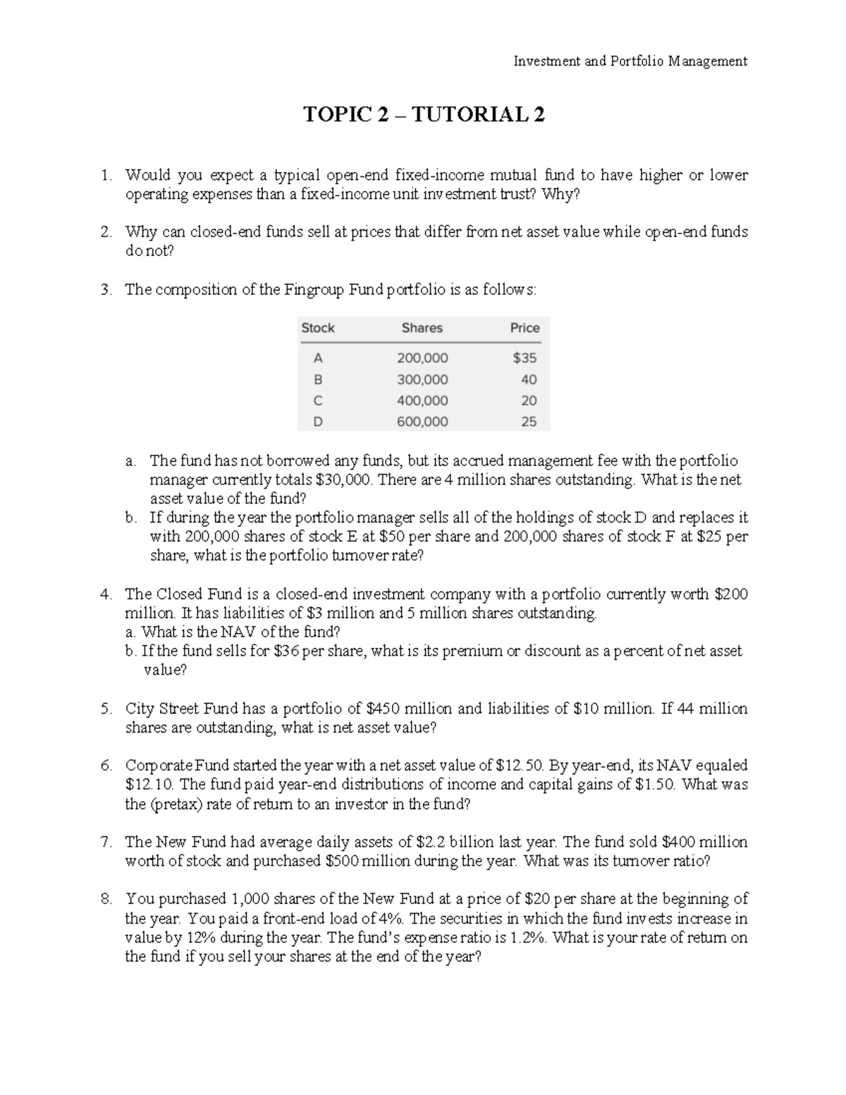 Tutorial 2 - Investment & Portfolio Mgmt Exercises and Questions - Studocu