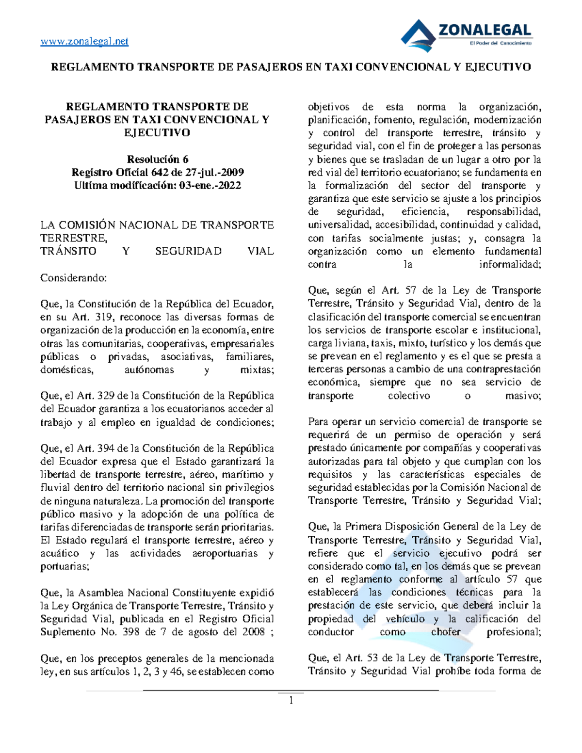 Reglamento Transporte Comercial de Pasajeros en Taxis Convencionales y Ejecutivos - Document Preview