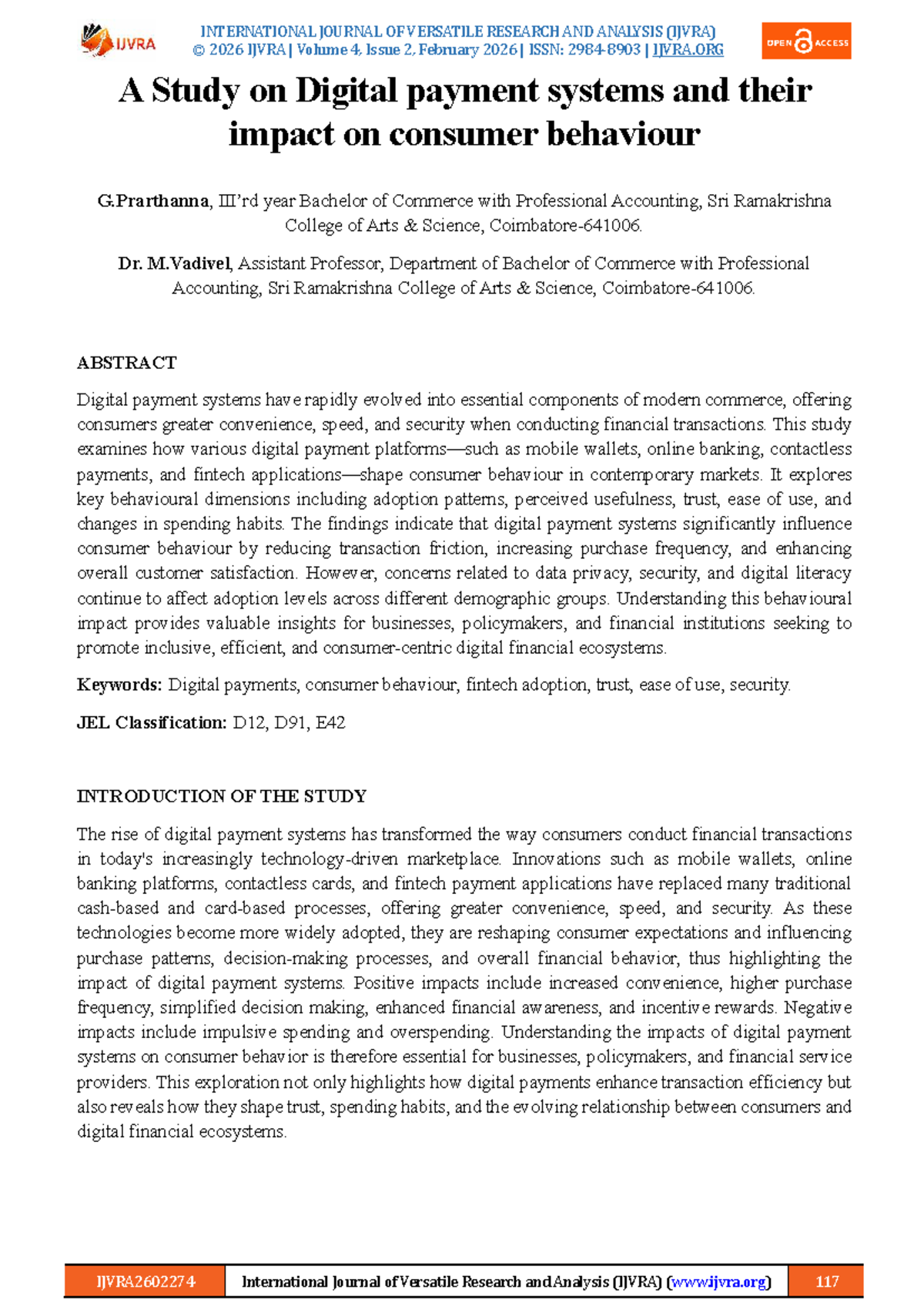 A Study on Digital Payment Systems and Consumer Behaviour (IJVRA 2026 ...