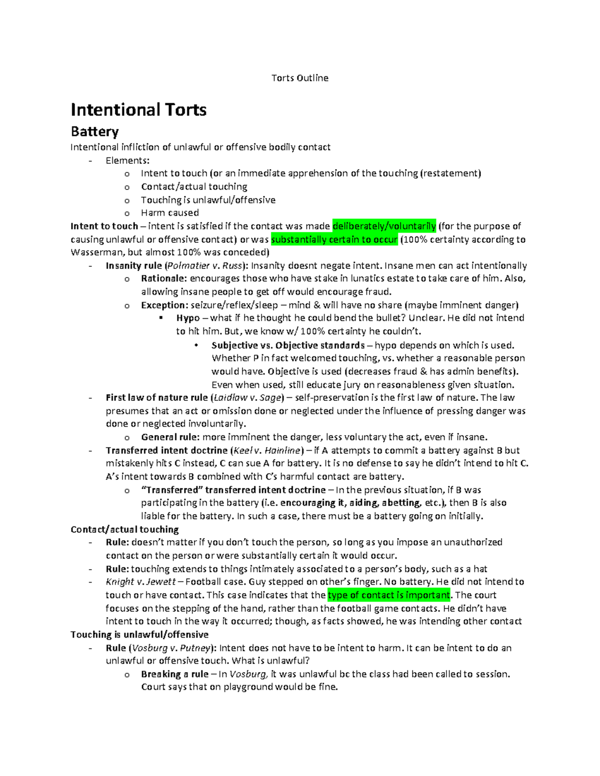 Wasserman Torts Outline: Intentional Torts & Key Principles - Studocu