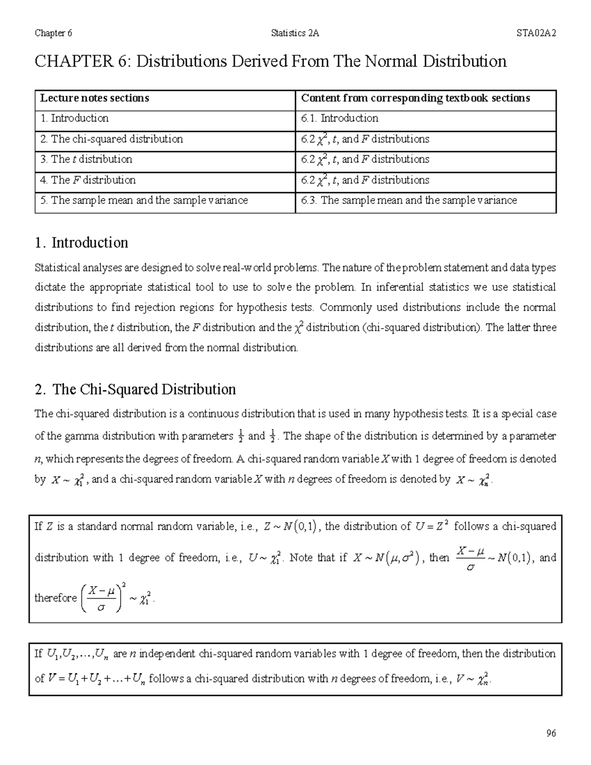 Lecture Notes: Chapter 6 Distributions from Normal Dist. STA02A2 - Studocu