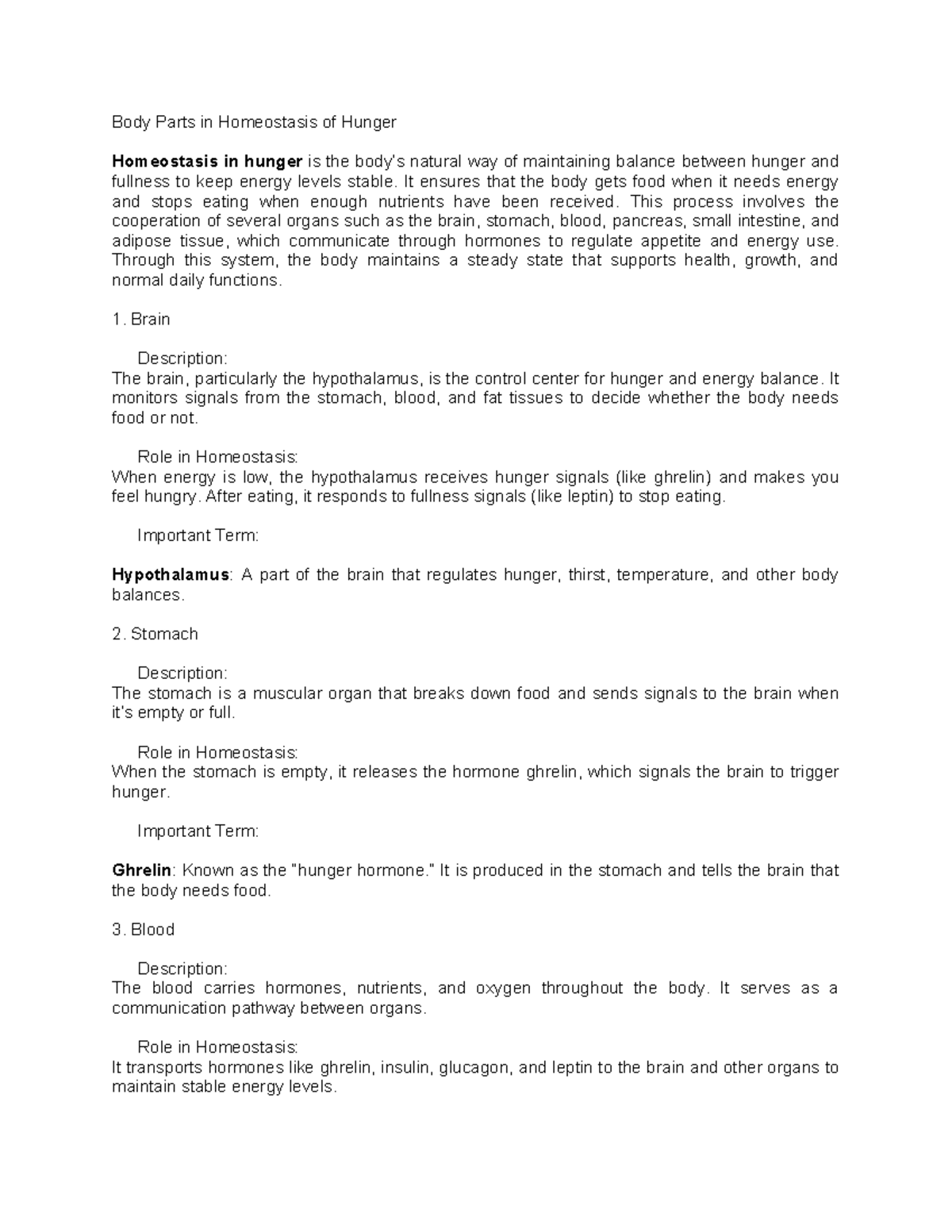 Body Parts in Hunger Homeostasis: Functions & Roles (1) - Studocu