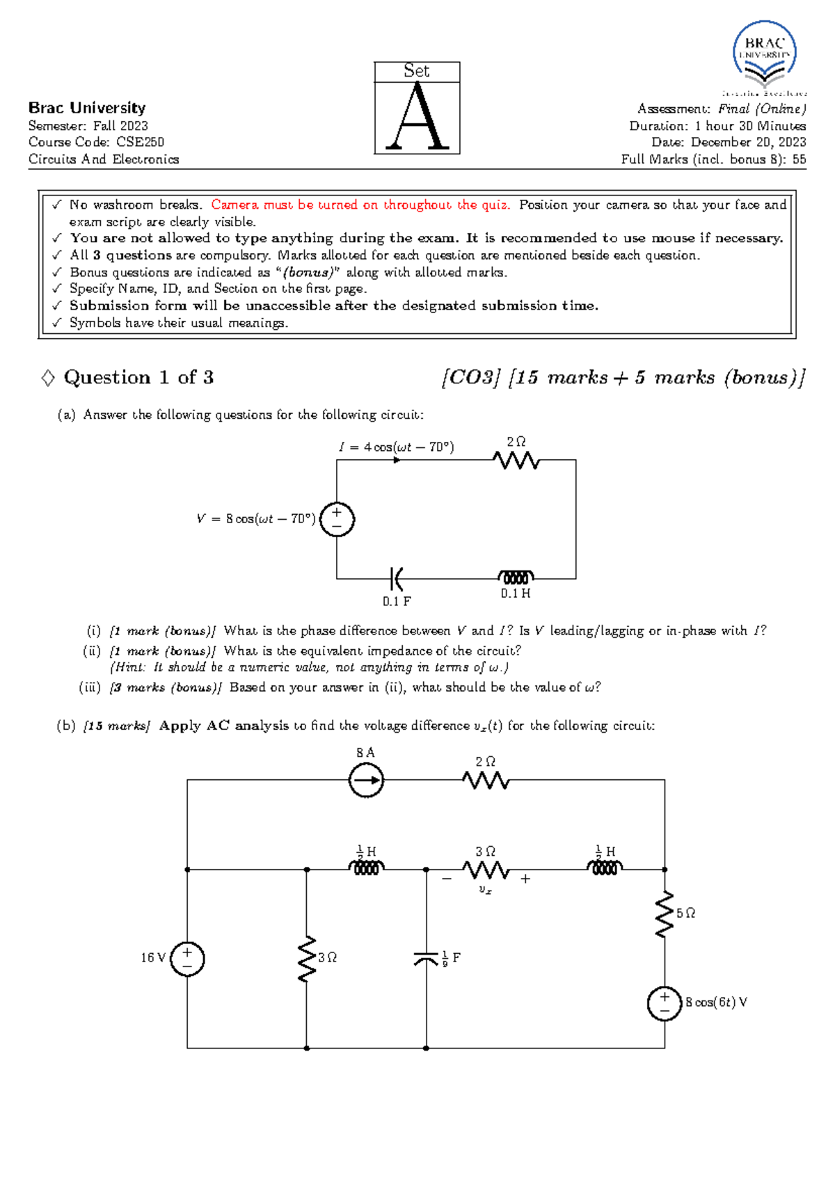 CSE250 Final Exam Fall 2023 - Set A Circuits & Electronics - Studocu