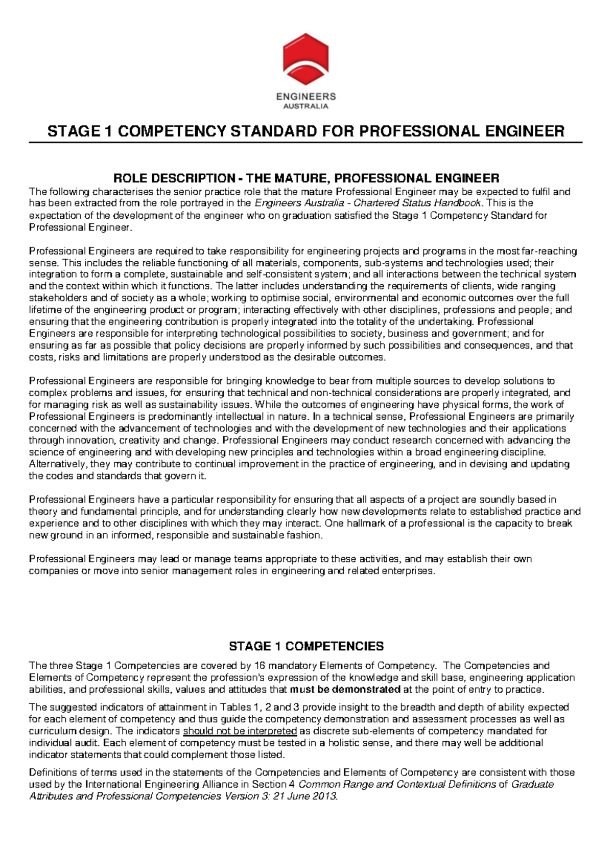 Stage 1 Competency Standards for Professional Engineers: Role ...
