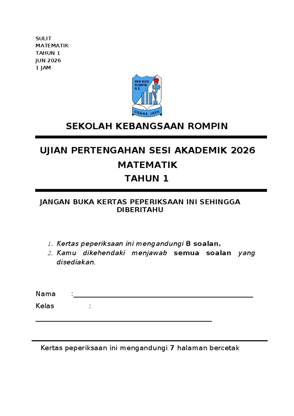 Matematik Tahun 1 - Ujian Pertengahan 2026 (SULIT) - Document Preview
