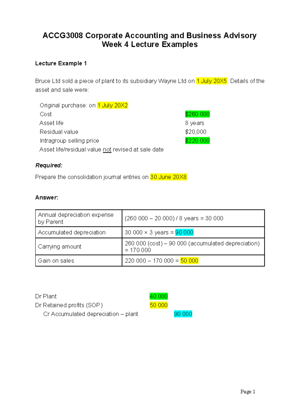 ACCG3008 Week 4 Lecture Examples: Consolidation Journal Entries - Studocu