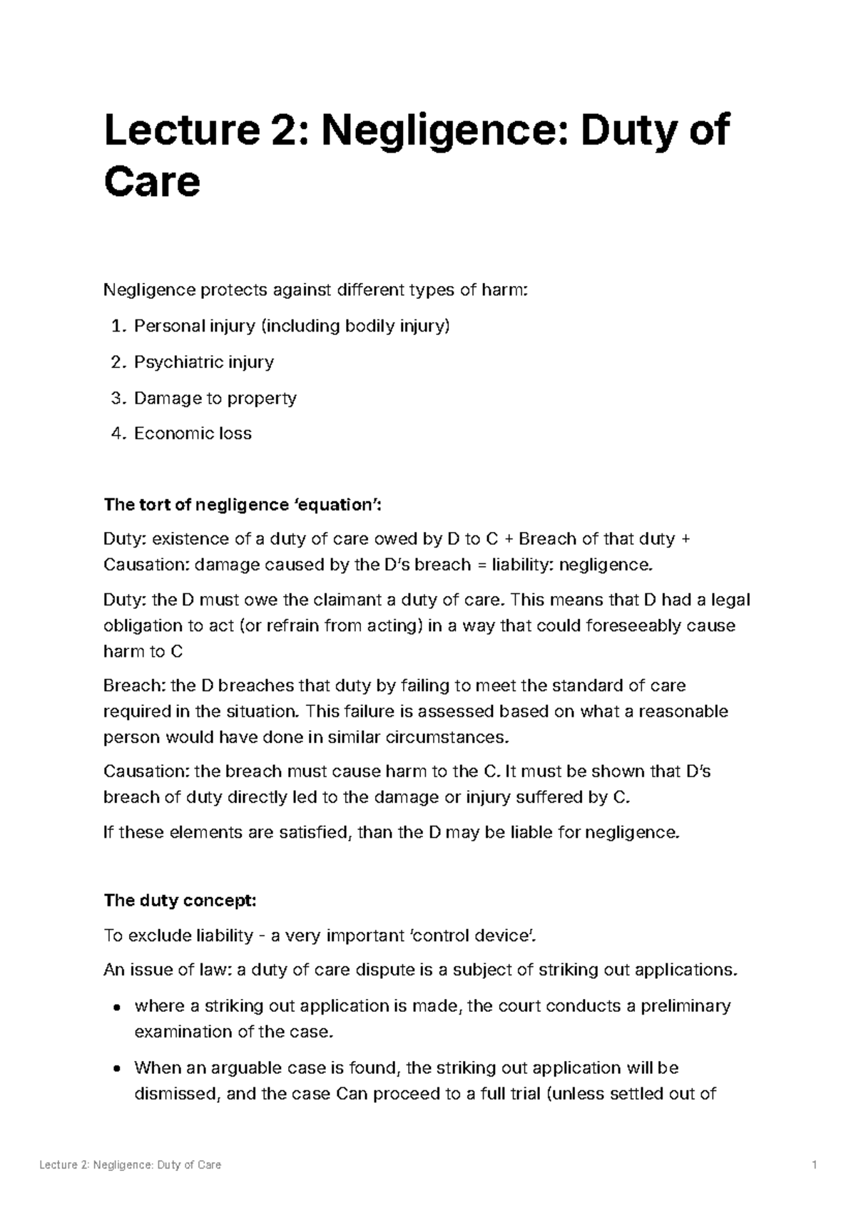 Lecture 2 Negligence Duty of Care - Lecture 2: Negligence: Duty of Care ...