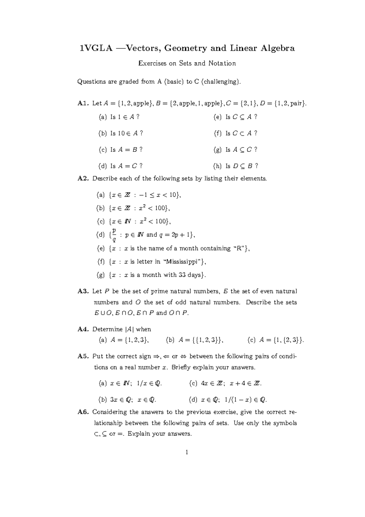 Sets and notation exercises - 1VGLA —Vectors, Geometry and Linear ...