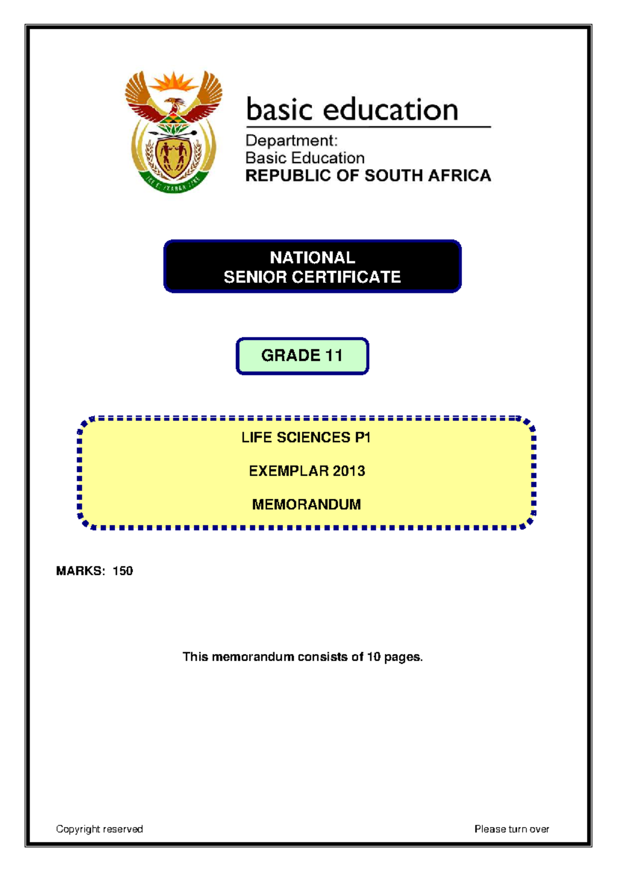 Life Sciences P1 Grade 11 Exemplar 2013 Memo: Marking Principles ...