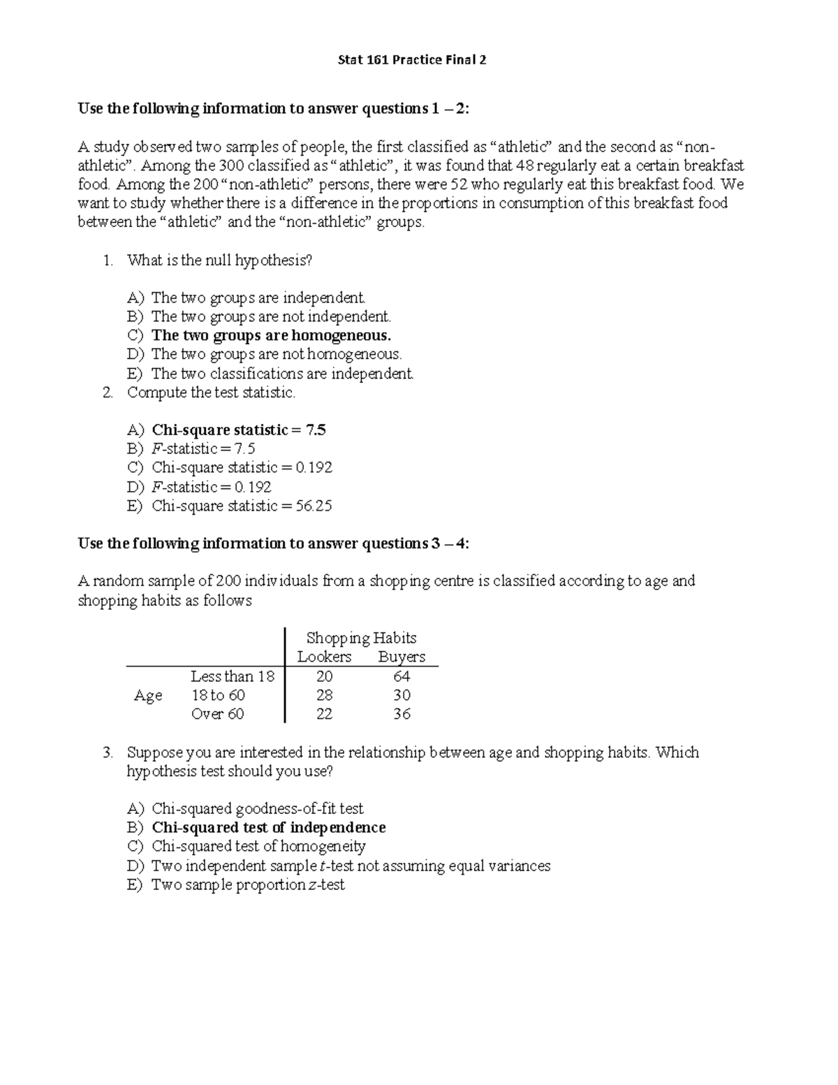 Practice Final 2 with Answers For Statistics 161 Final Exam - STATS 141 ...