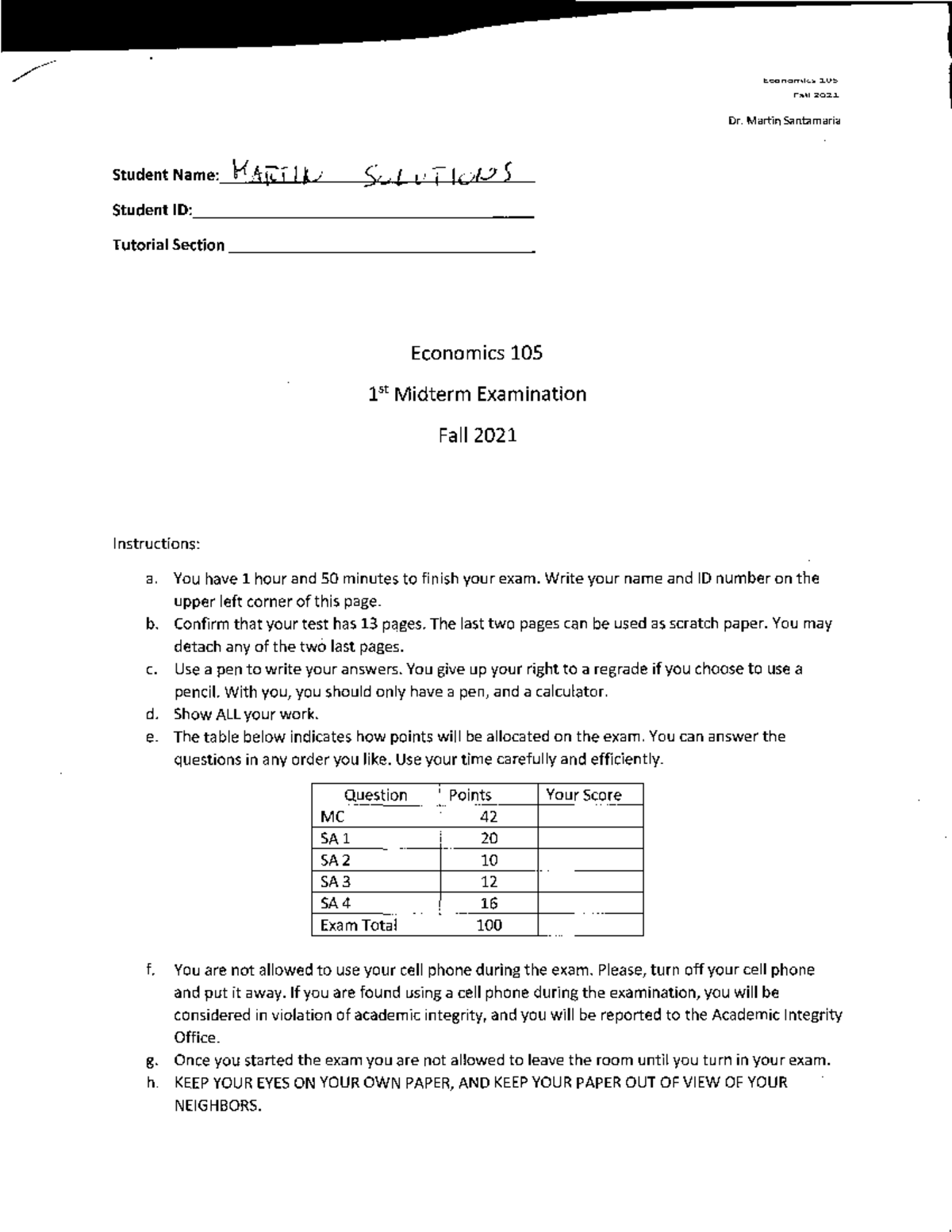 Econ 105 Fall 2021 Midterm 1 Exam Solutions by Dr. Santamaria - Studocu