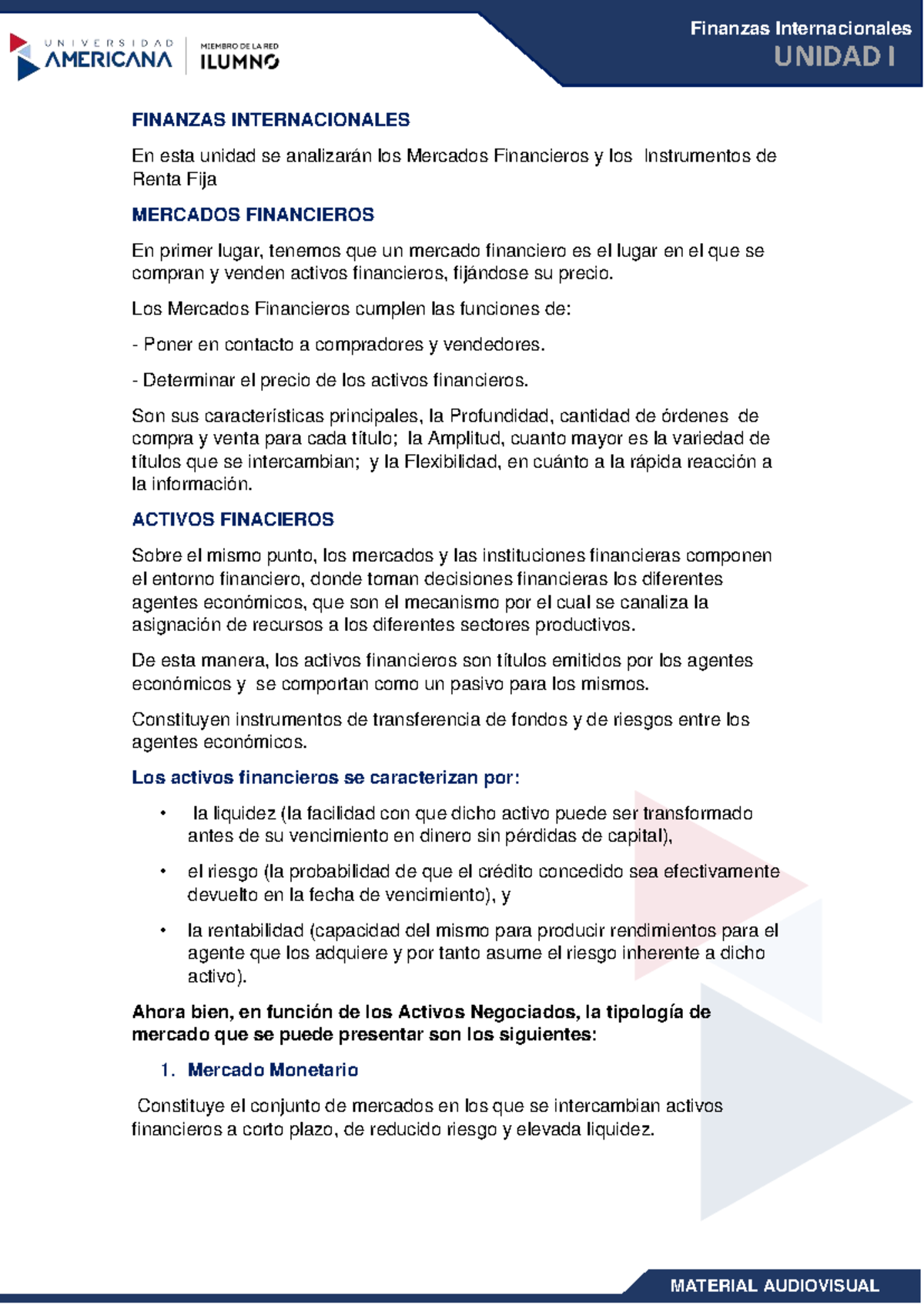 Finanzas Internacionales U1: Mercados Financieros y Activos - Studocu