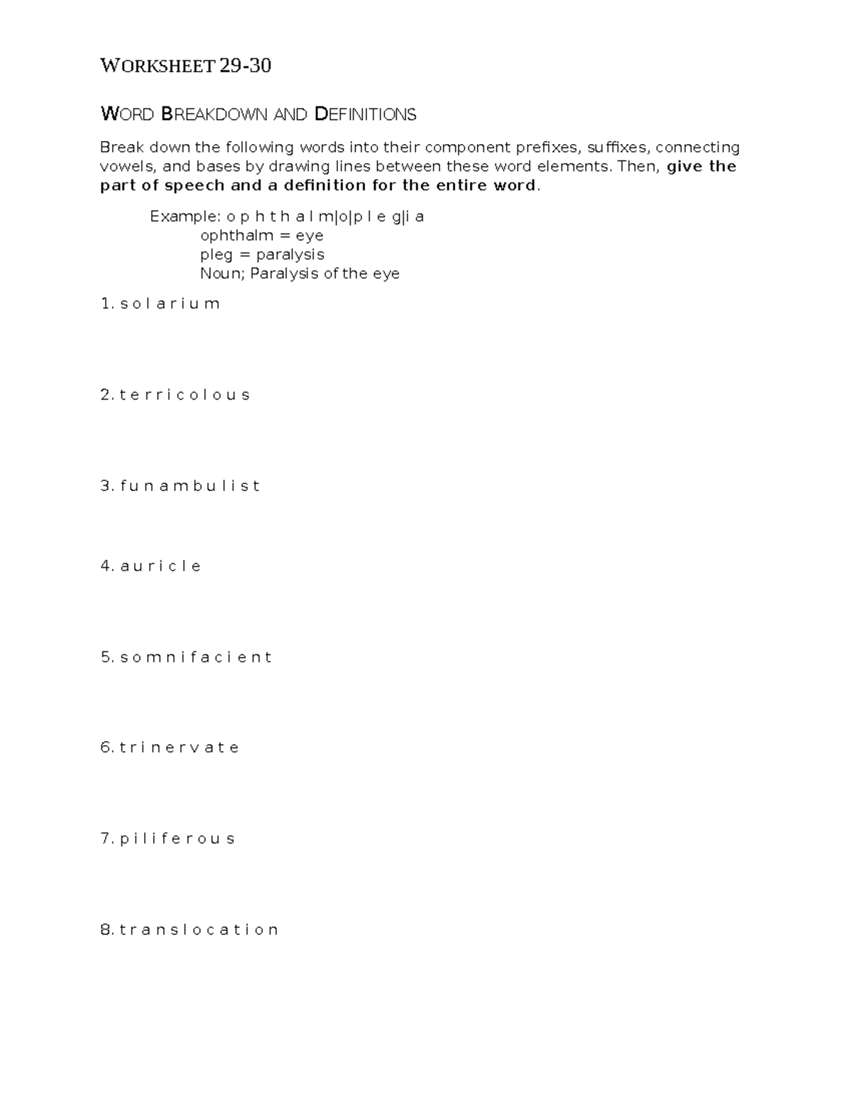 Worksheet 29-30: Word Breakdown & Definitions Exercise - Studocu